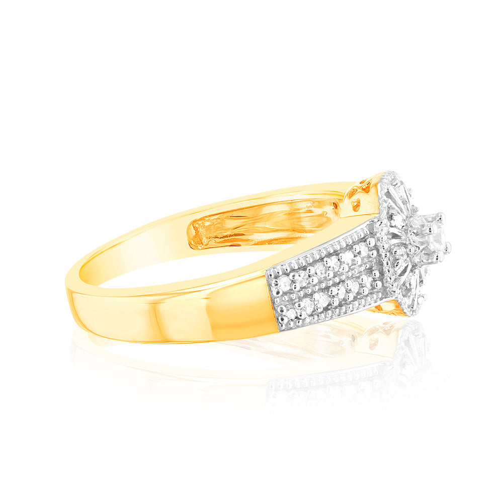 10ct Yellow Gold 1/6 Carat Diamond Halo Solitaire Ring for Women - Elegant Engagement & Wedding Jewelry Gift