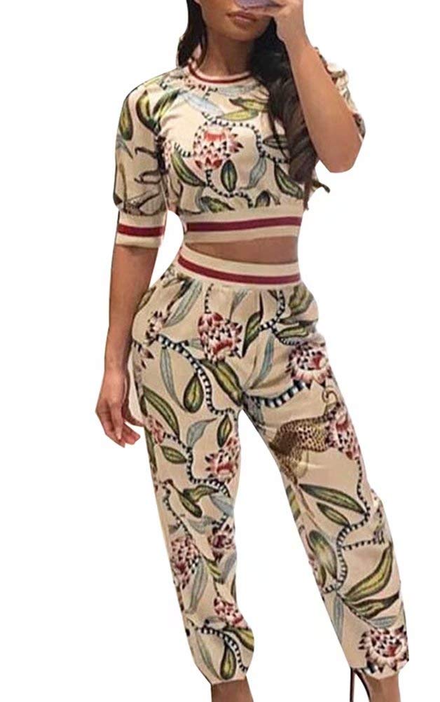 Women's Floral Print Two Piece Outfits - Crop Top & High Waist Leggings Jogger Set for Yoga, Running & Casual Wear