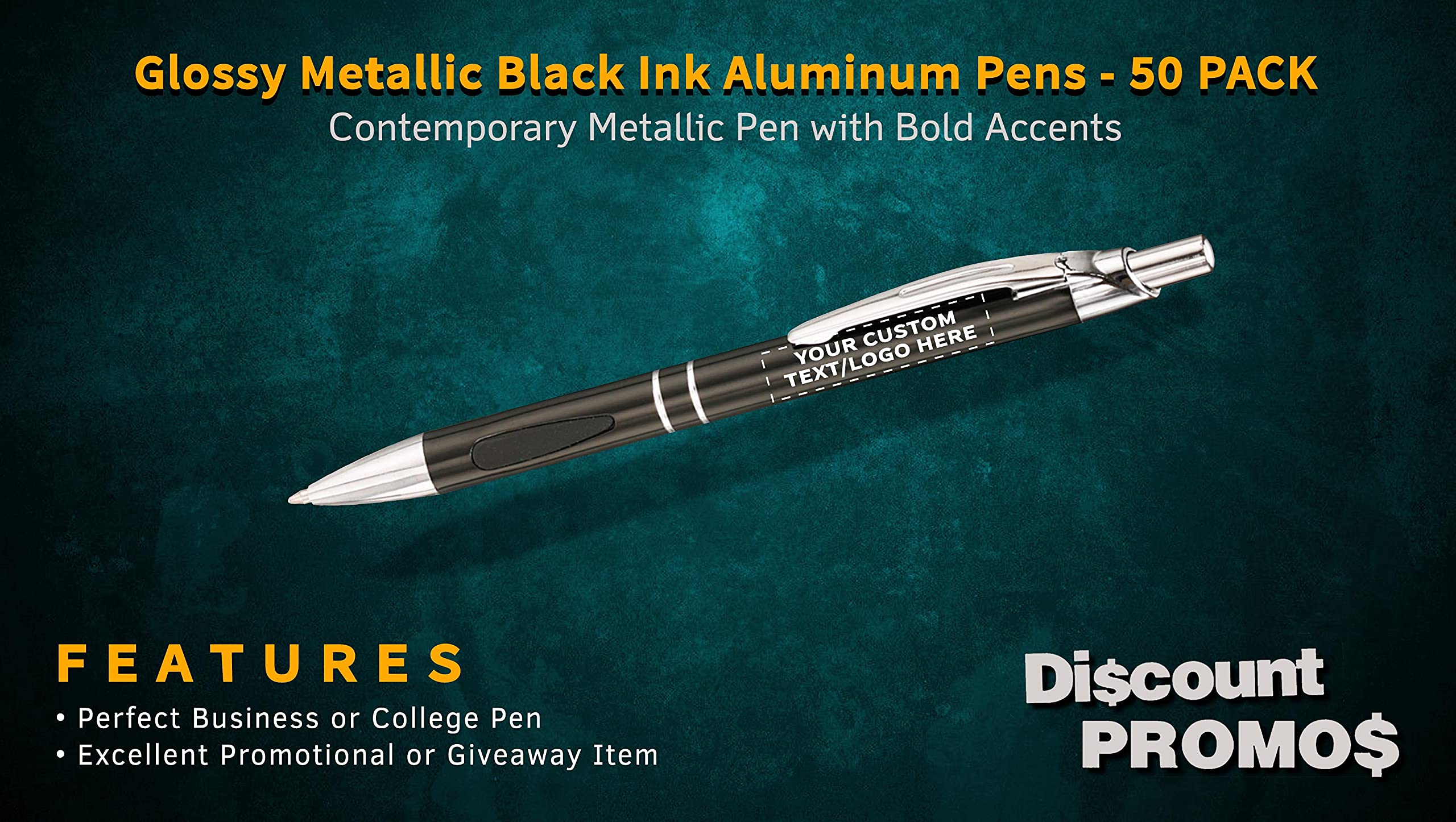 50 Pack Black Ink Metal Pens with Custom Text & Logo - Retractable Ballpoint Pens with Silver Accents - Premium Office & Business Writing Supplies for Gifts, Promotions & Corporate Branding
