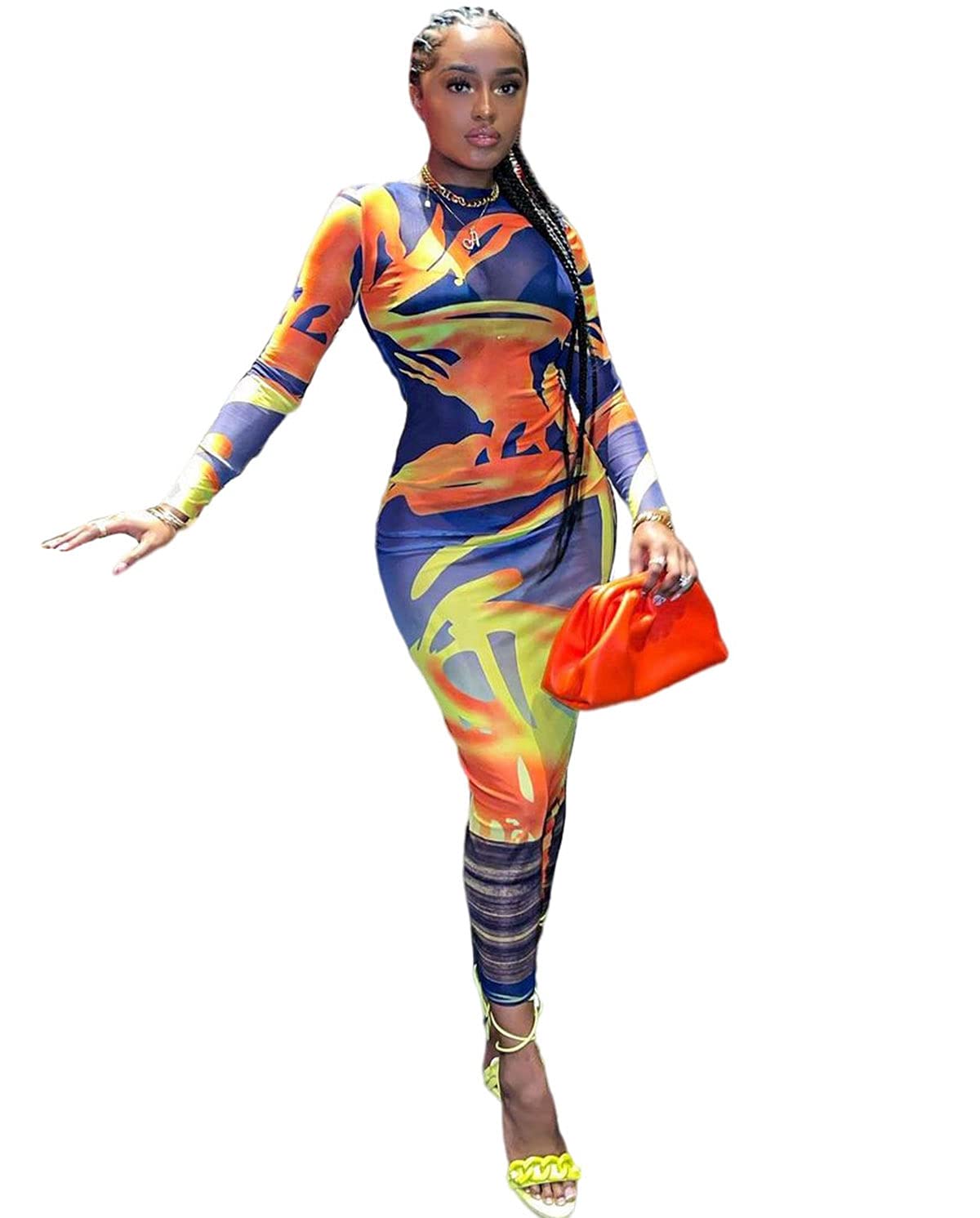 BYDIVA Women's Sunset Print Sheer Mesh Bodycon Long Dress - Sexy Summer Beach Vacation Dress for Pool Party, Evening Out, and Date Night