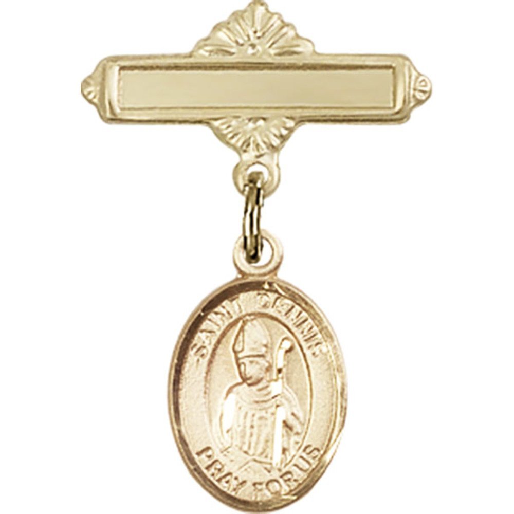 Gold Filled Baby Badge with St. Dennis Charm & Polished Pin - 1 X 5/8 Inch - Perfect for Christening Gifts, Baby Showers & First Communion Jewelry