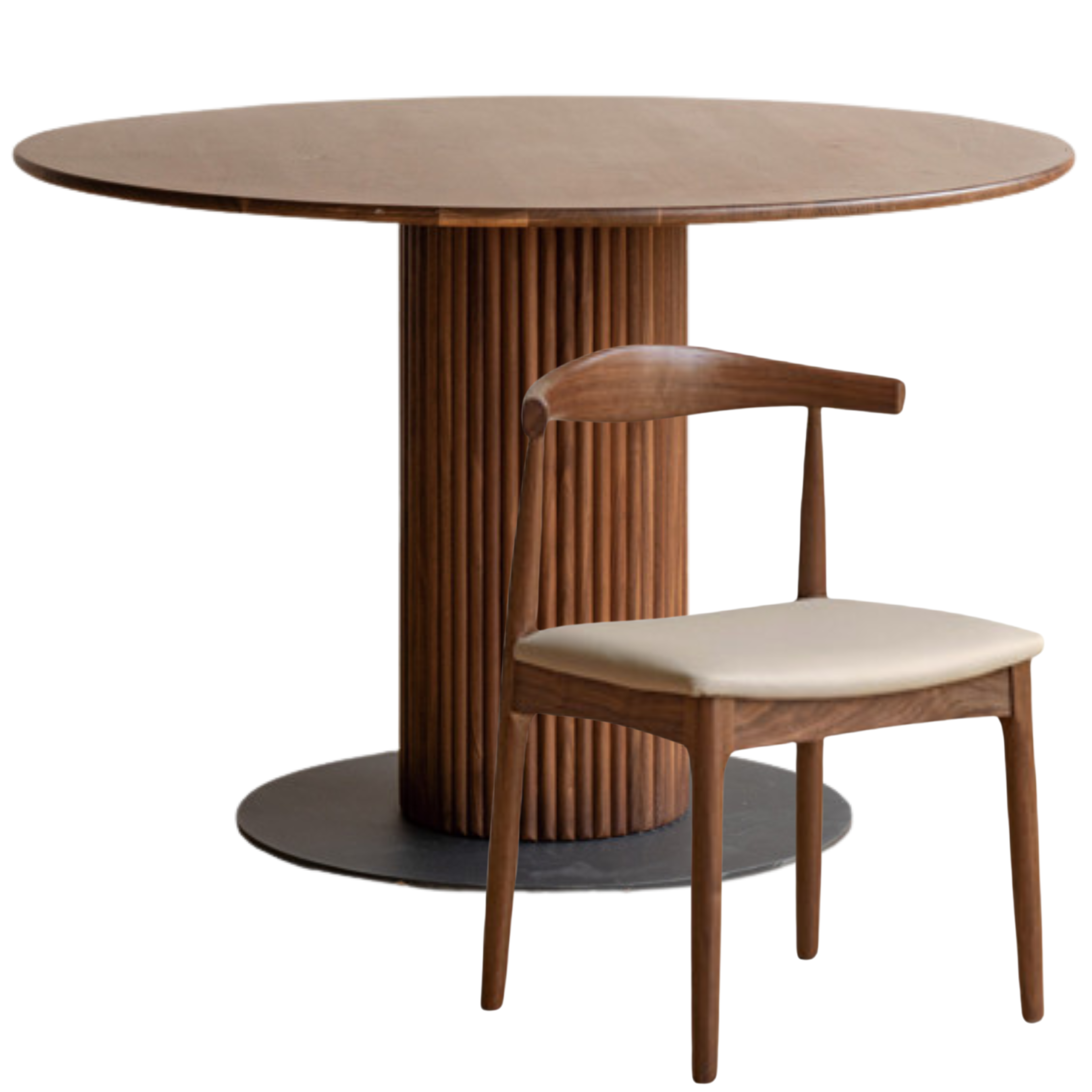 47.2x47.2x30.3 inch / 120x120x77.1 cm / Rich Dark walnut color / One round table and four chairs soft chair milk tea color