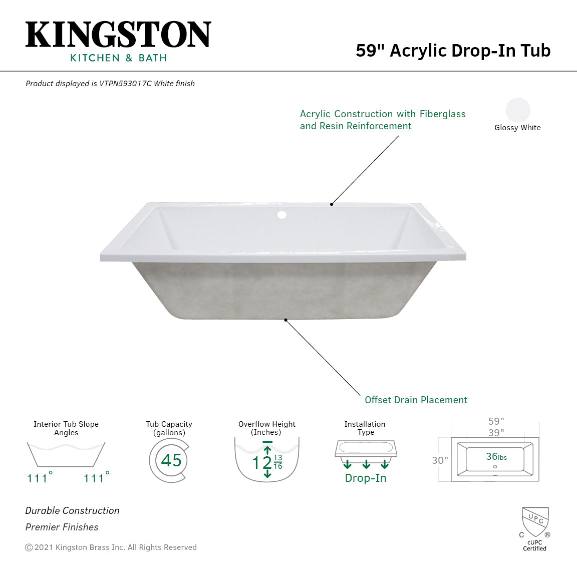 Aqua Eden 59-Inch Acrylic Rectangular Drop-In Bathtub with Center Drain - Glossy White Freestanding Soaking Tub for Modern Bathroom Renovation & Spa Relaxation