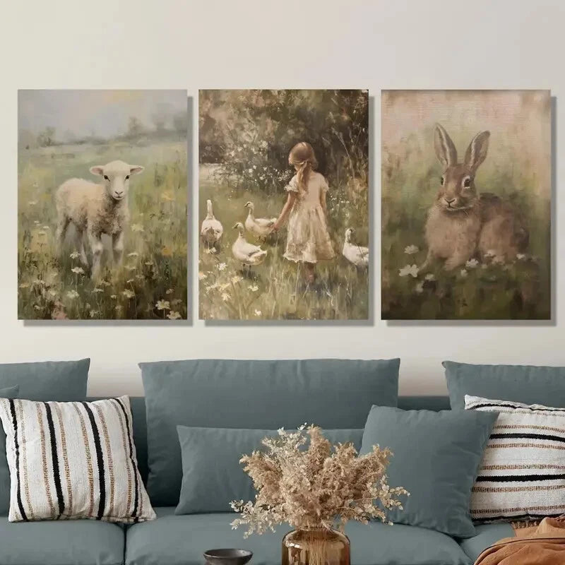 3-Piece Cute Animal & Pastoral Scenes Metal Wall Art - Ready to Hang Home Decor for Living Room, Bedroom, Office (Set of 3)