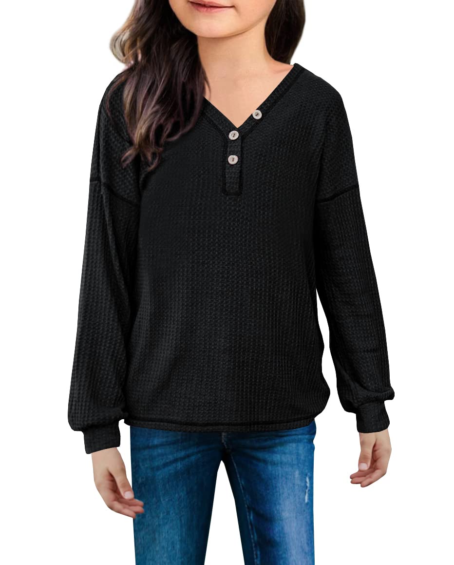 Ofenbuy Girls' Long Sleeve Waffle Knit Henley Shirt - Casual Tunic Top for Kids | Perfect for School, Playdates & Family Outings