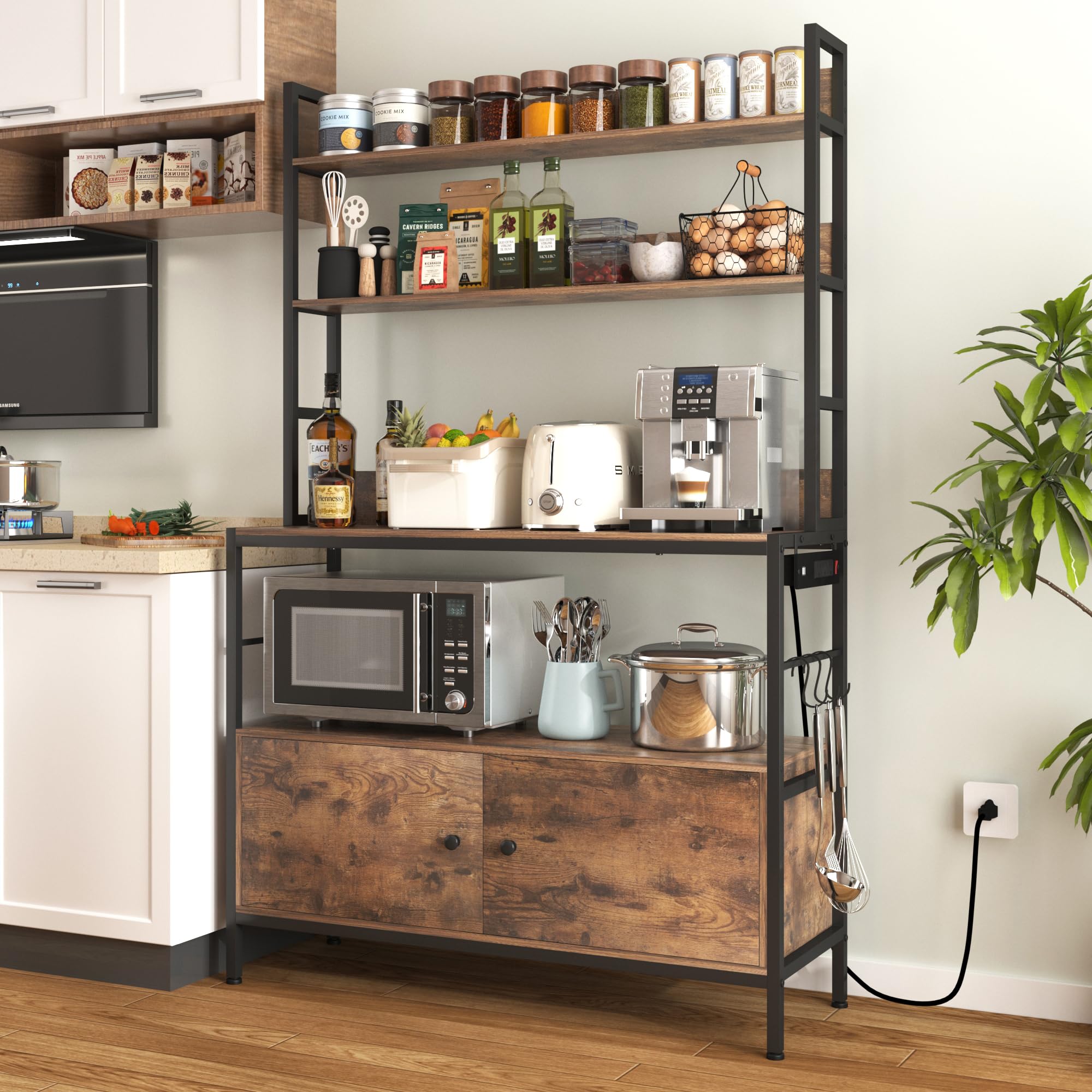 5-Tier Heavy Duty Kitchen Baker’s Rack with Power Outlet & Storage Cabinet - Free Standing Oven Stand, Microwave Shelf & Spice Rack with Hooks - Perfect for Small Kitchens, Pantry Organization & Baking Essentials Storage