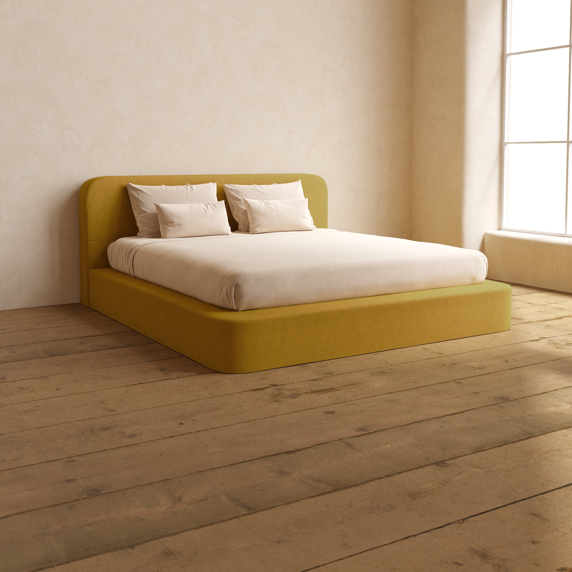 King Size Upholstered Platform Bed with Headboard - Modern Mizu Weave Fabric in Kiiro Beige | Bedroom Furniture for Master Suite, Guest Room & Apartment