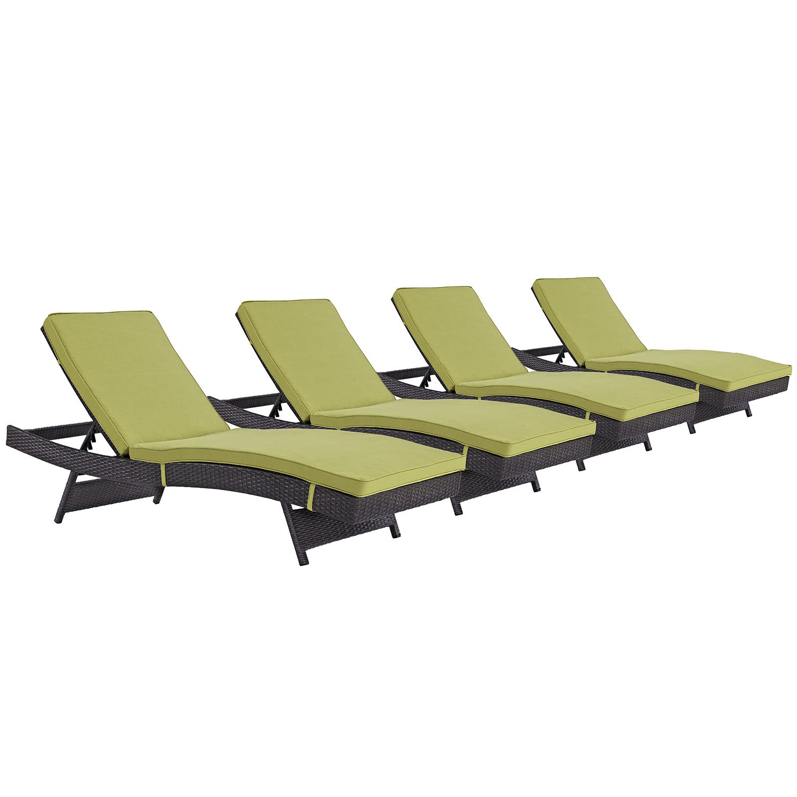 Modway Convene Wicker Rattan Outdoor Patio Chaise Lounge Chairs Set of 4 - Espresso & Peridot Color for Poolside, Garden, and Backyard Relaxation