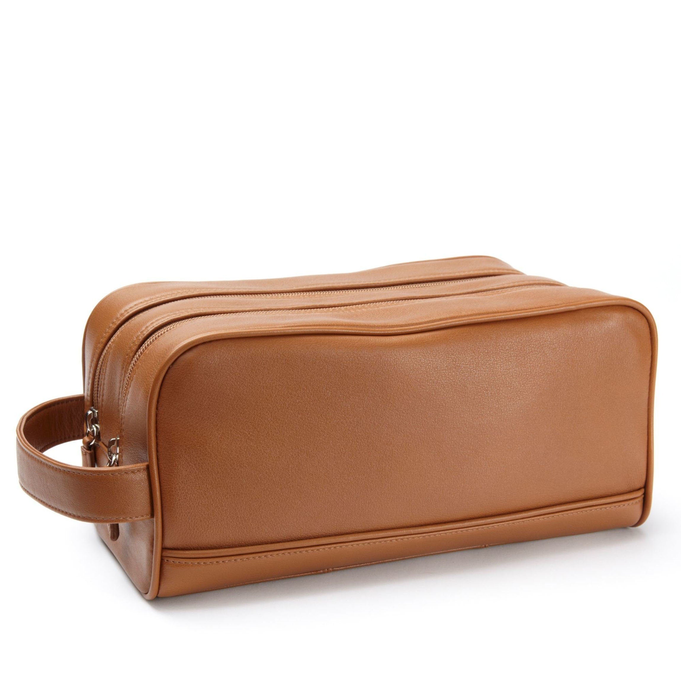 Premium Double Zip Toiletry Bag in Cognac Leather - Perfect for Travel, Gym & Daily Essentials Organization