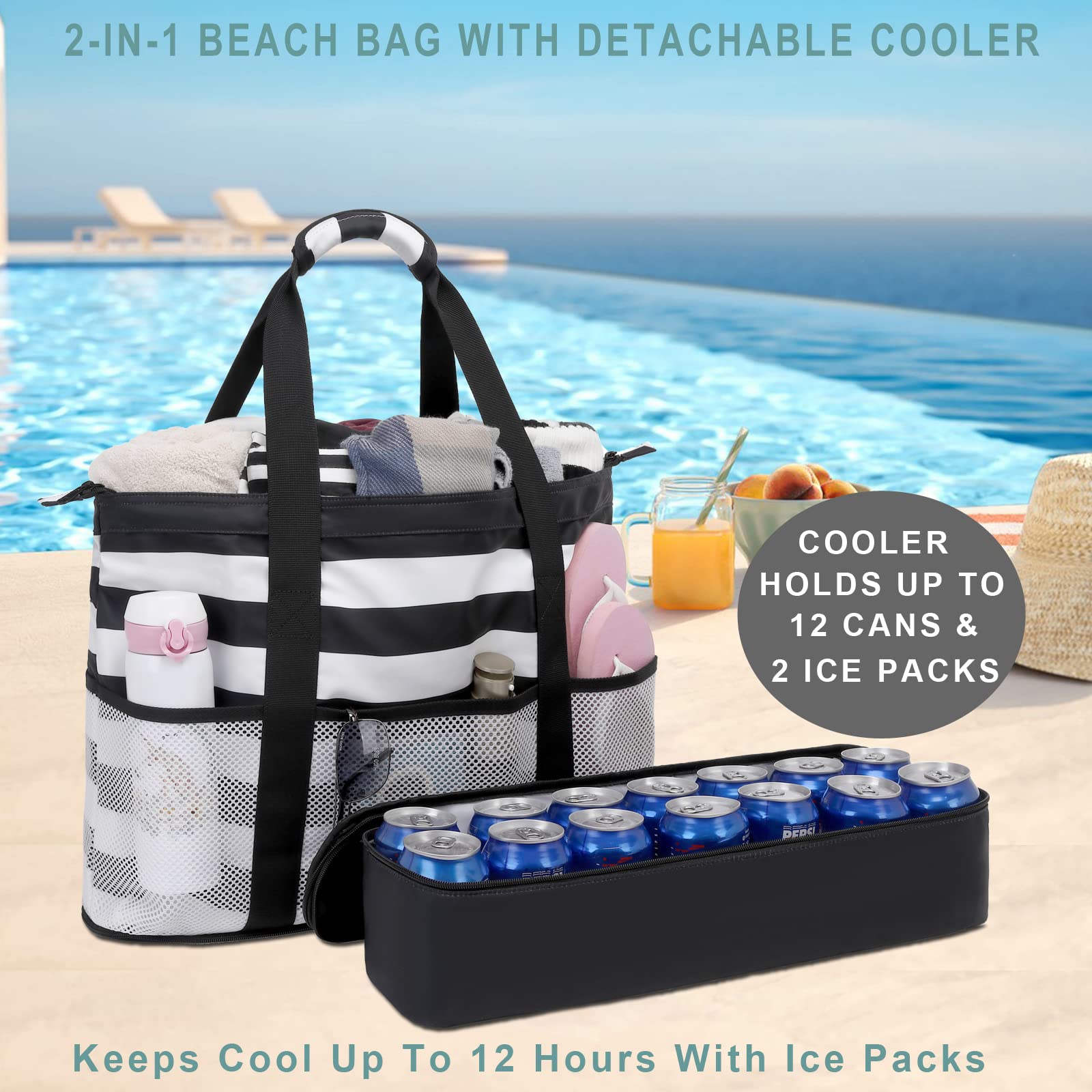 DSIUE Waterproof Beach Bag with Cooler - Large Sandproof Tote for Women - Perfect for Pool, Gym, Travel & Summer Outings