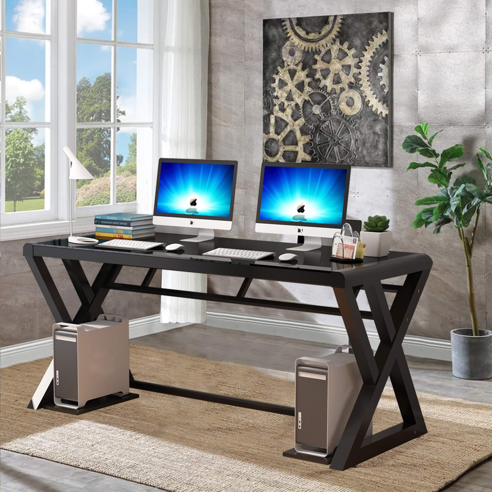 Premium 55-inch Tempered Glass Computer Desk with Sturdy Metal Frame - Modern Home Office Desk for Studying, Working & Writing | Ideal for Workstations, Gaming & Remote Work (Black)