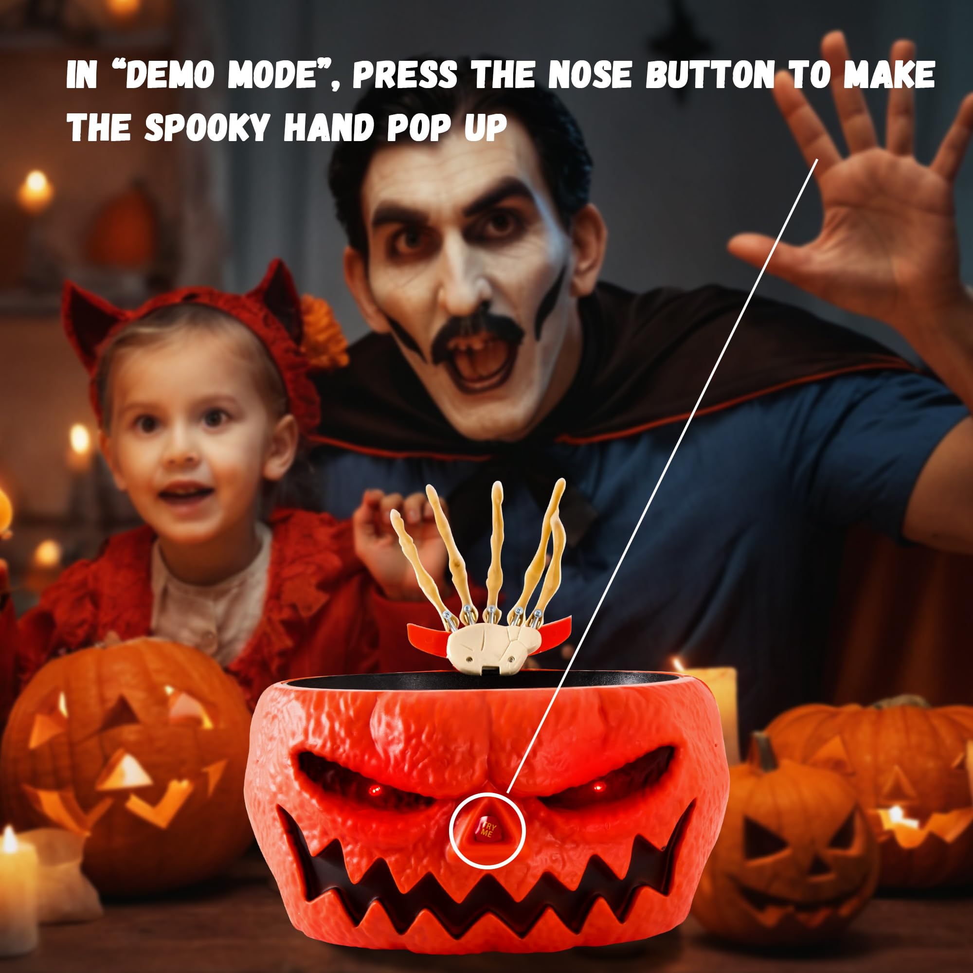Animatronic Halloween Candy Bowl - Touch Activated Pumpkin Bowl with Creepy Sounds, Moving Skeleton Hand & Glowing Eyes | Scary Halloween Party Decor for Trick-or-Treat, Haunted House & Spooky Home Decoration