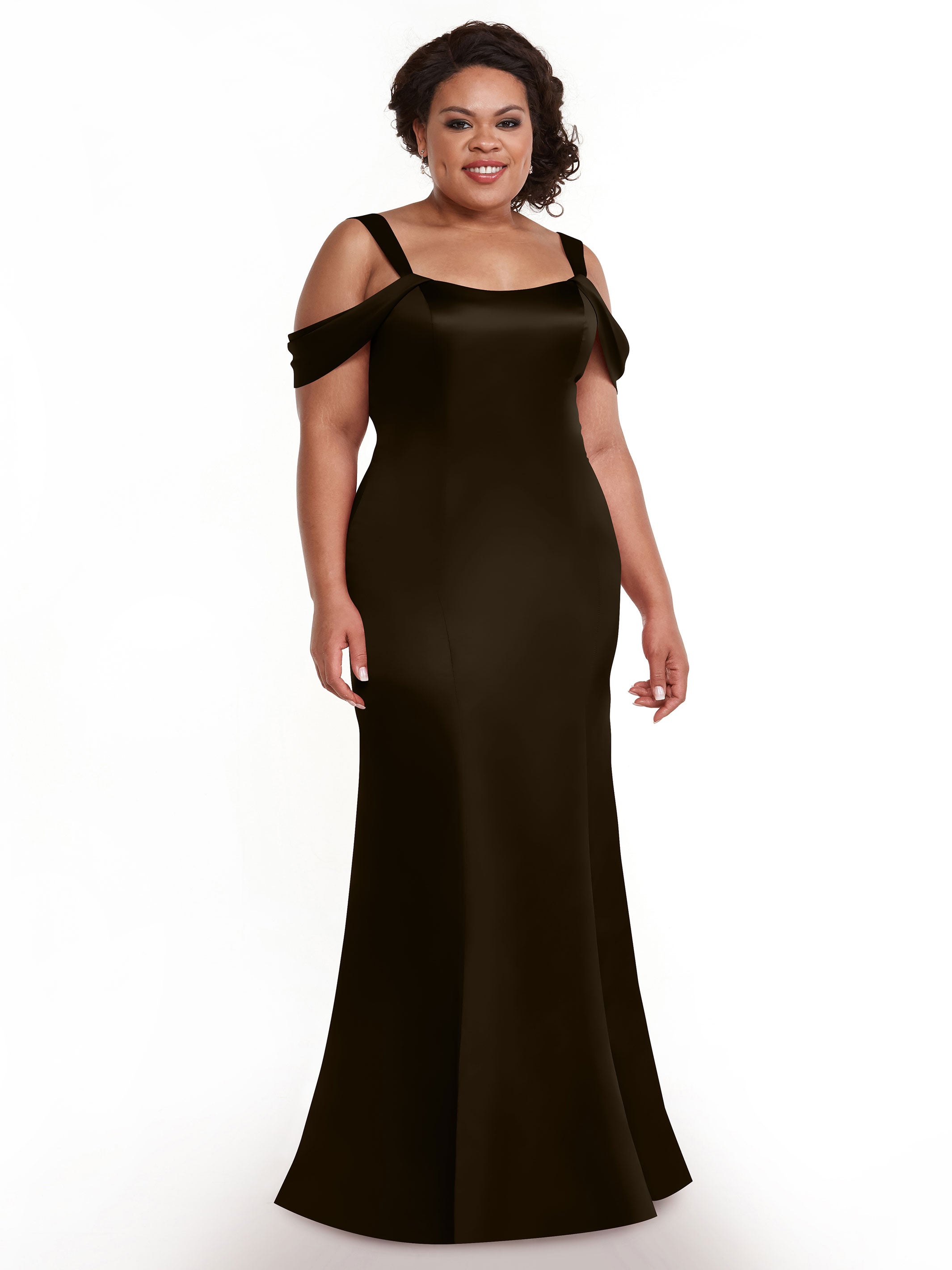 Elegant 80151 Fitted Satin Bridesmaid Dress with Off-The-Shoulder Sleeves - Perfect for Weddings, Formal Events & Special Occasions