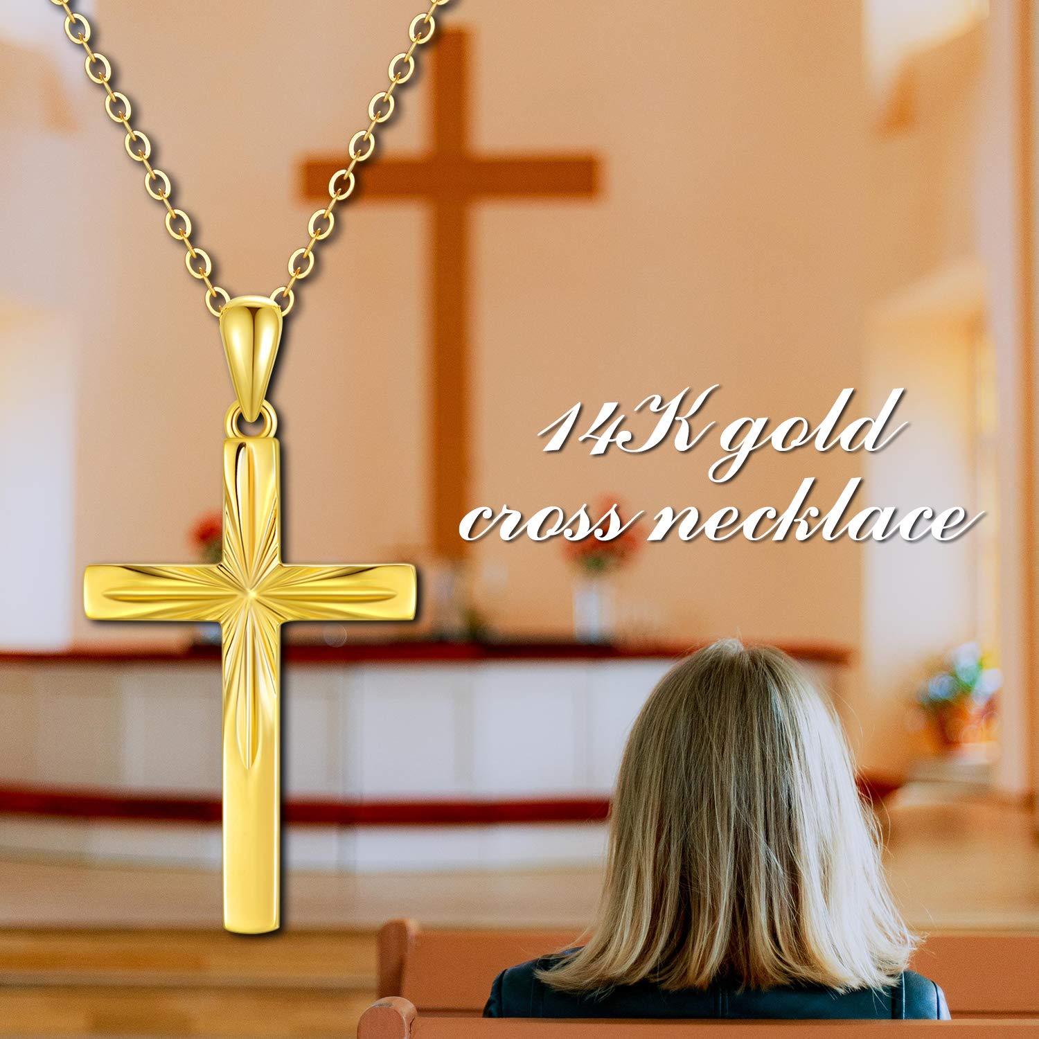 14K Solid Gold Cross Necklace for Women - Delicate Italian Diamond-Cut Religious Pendant Jewelry, 16