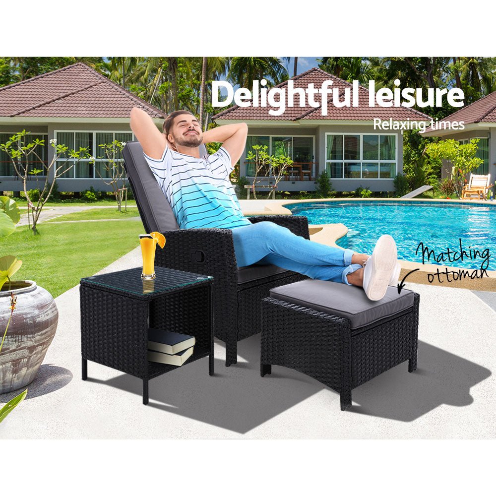 3 Piece Elise Outdoor Recliner Chair Set with Ottoman and Side Table - Patio Furniture for Backyard, Poolside, Garden Relaxation - Black