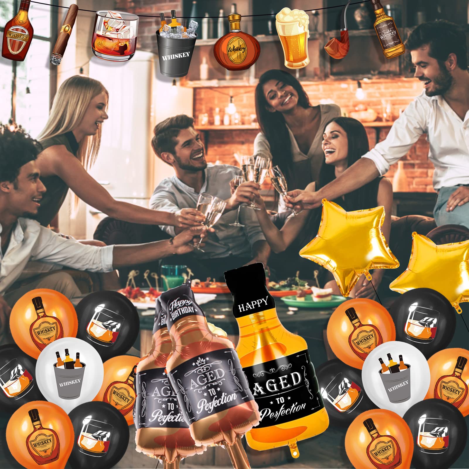 19-Piece Whisky Balloons Kit - Beer Themed Birthday Party Supplies for Aged to Perfection & Oktoberfest Decorations (Gold & Black) - Perfect for Whiskey Tasting Parties, Bachelor Celebrations & German Beer Festivals