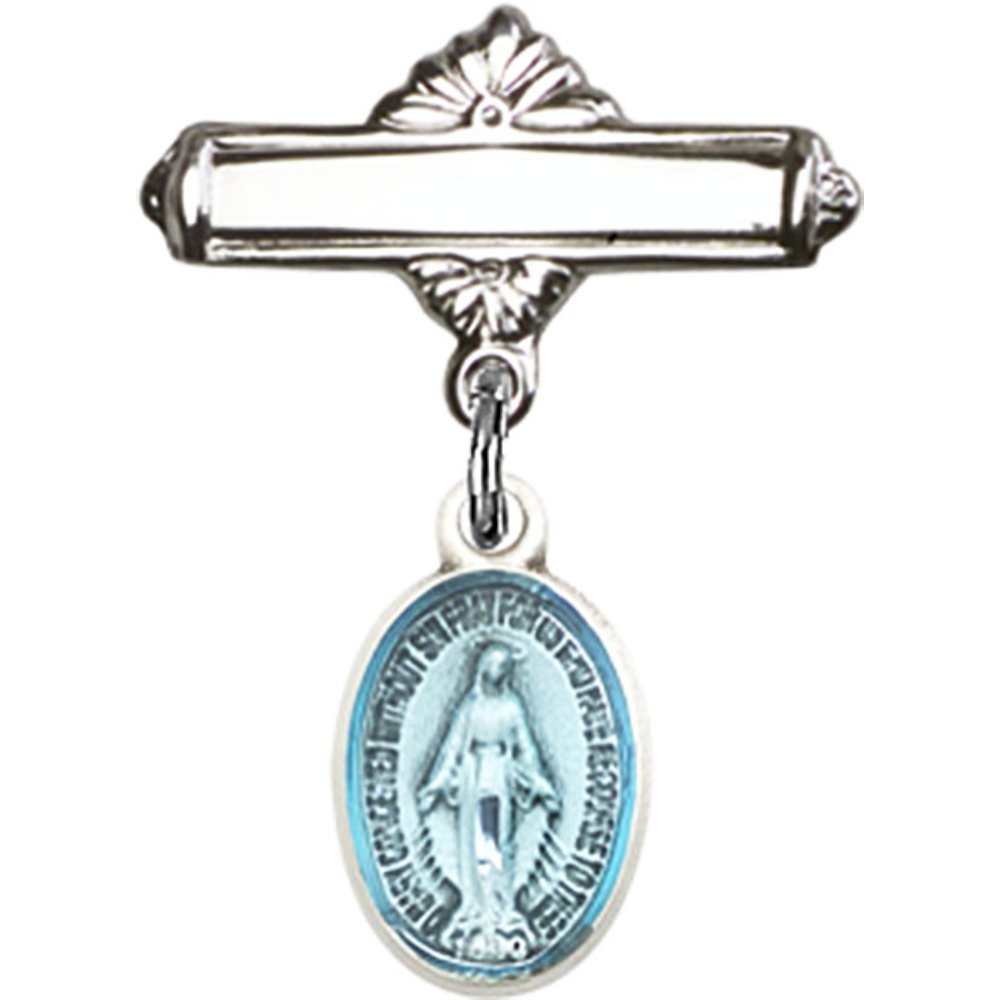 925 Sterling Silver Baby Badge with Blue Miraculous Charm - Polished Pin (7/8