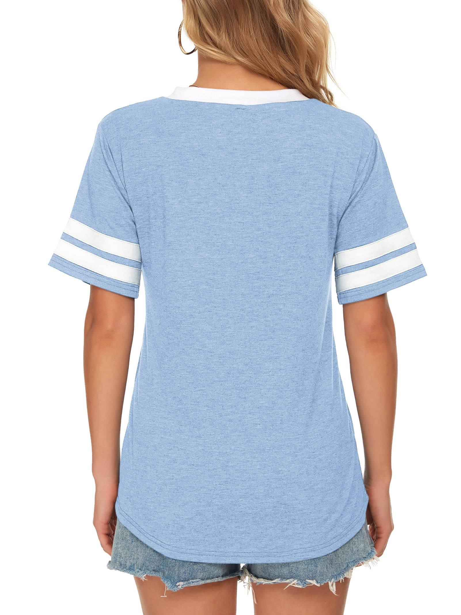 Women's Summer V-Neck Short Sleeve T-Shirt - Loose Fit Casual Top with Pocket - Sky Blue | Perfect for Beach, Vacation & Everyday Wear