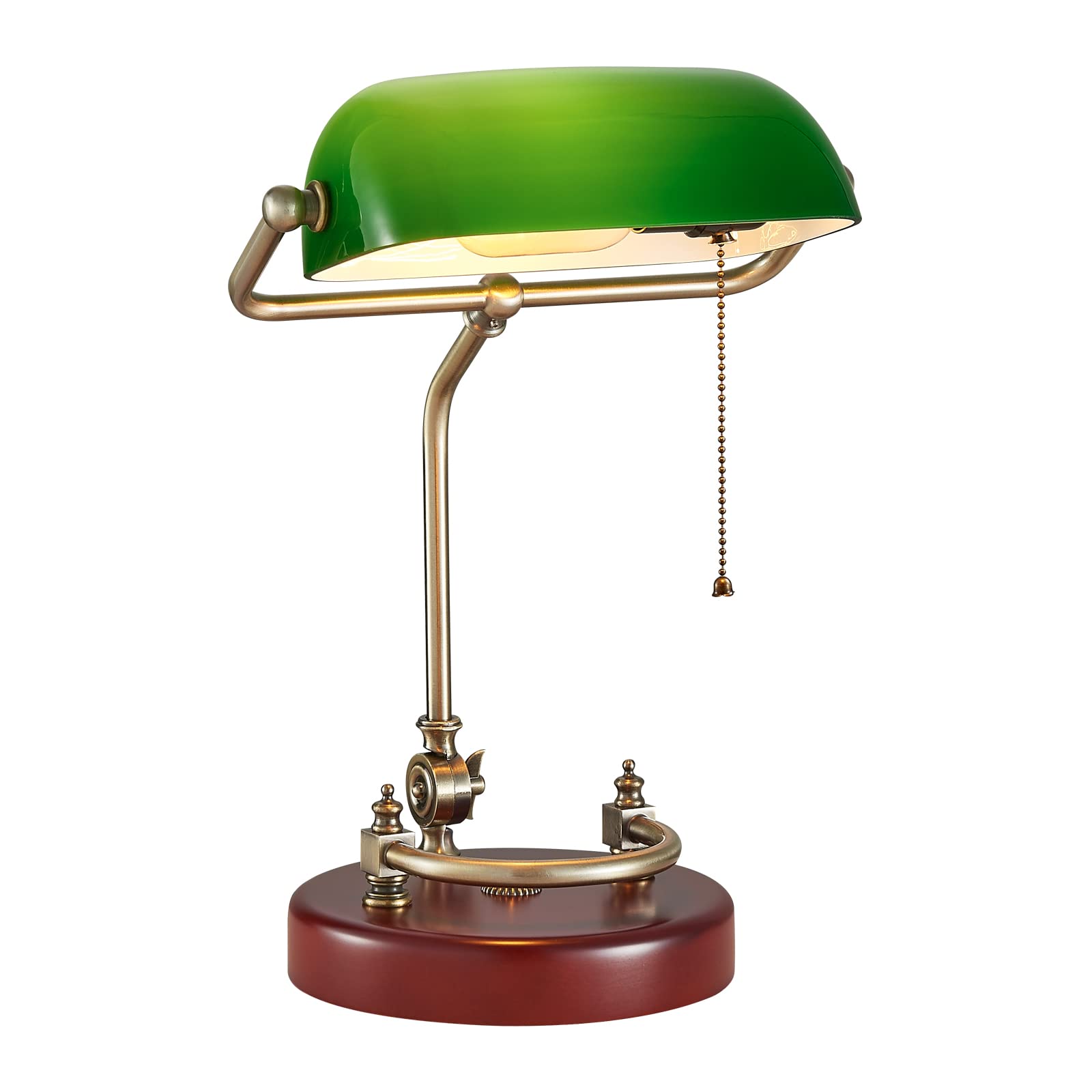 Vintage Green Bankers Desk Lamp with Solid Birch Wood Base & Pull Chain Switch - Antique Library Lamp for Office, Study Room - E26 Socket - Perfect for Reading, Writing & Enhancing Home Office Decor