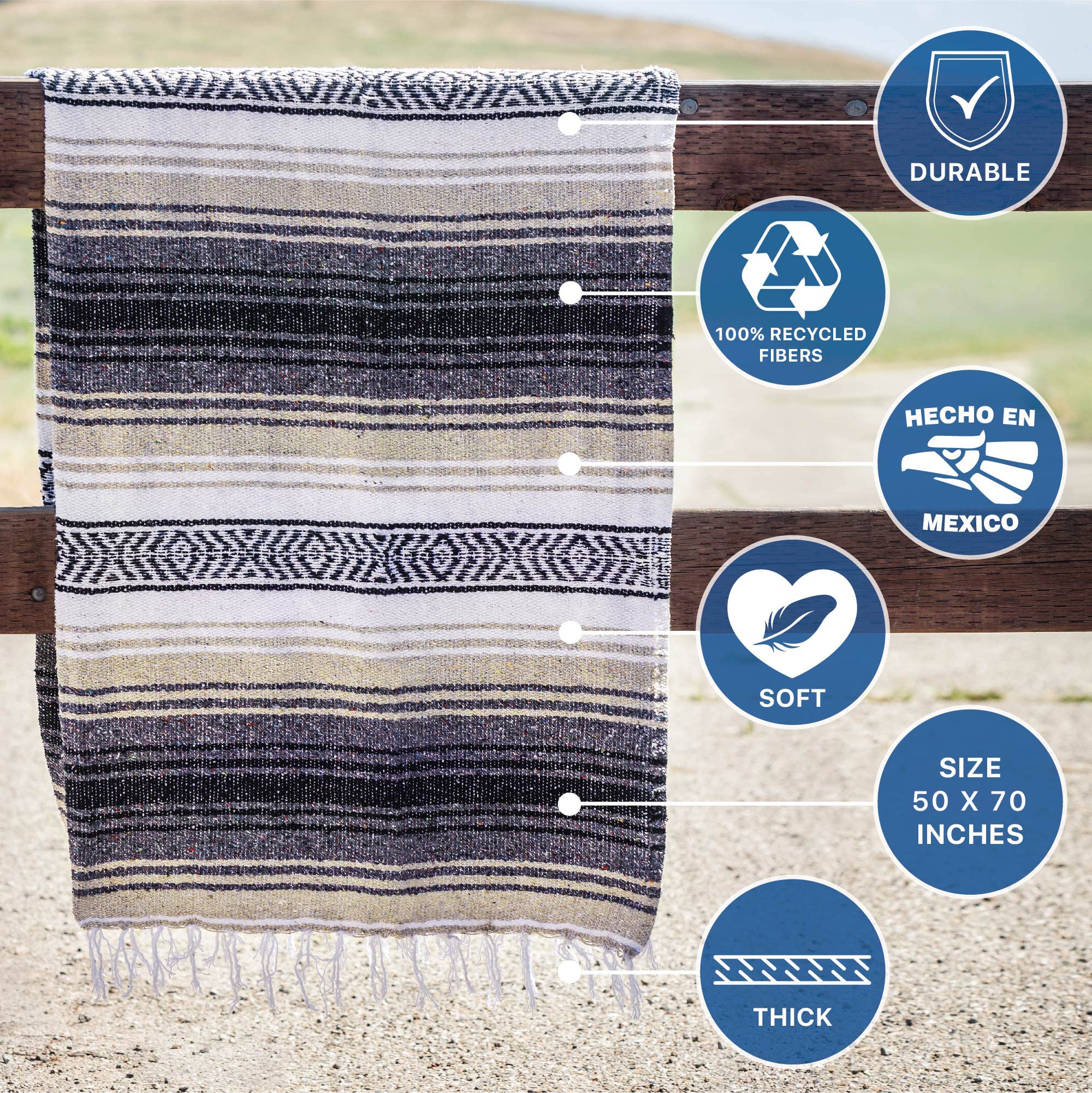 Authentic Handwoven Mexican Blanket by Benevolence LA | 50x70 Inches Serape in Sand | Yoga, Beach, Picnic, Camping & Equestrian Saddle Blanket | Perfect for Outdoor Adventures, Cozy Home Decor & Bohemian Style Gifts
