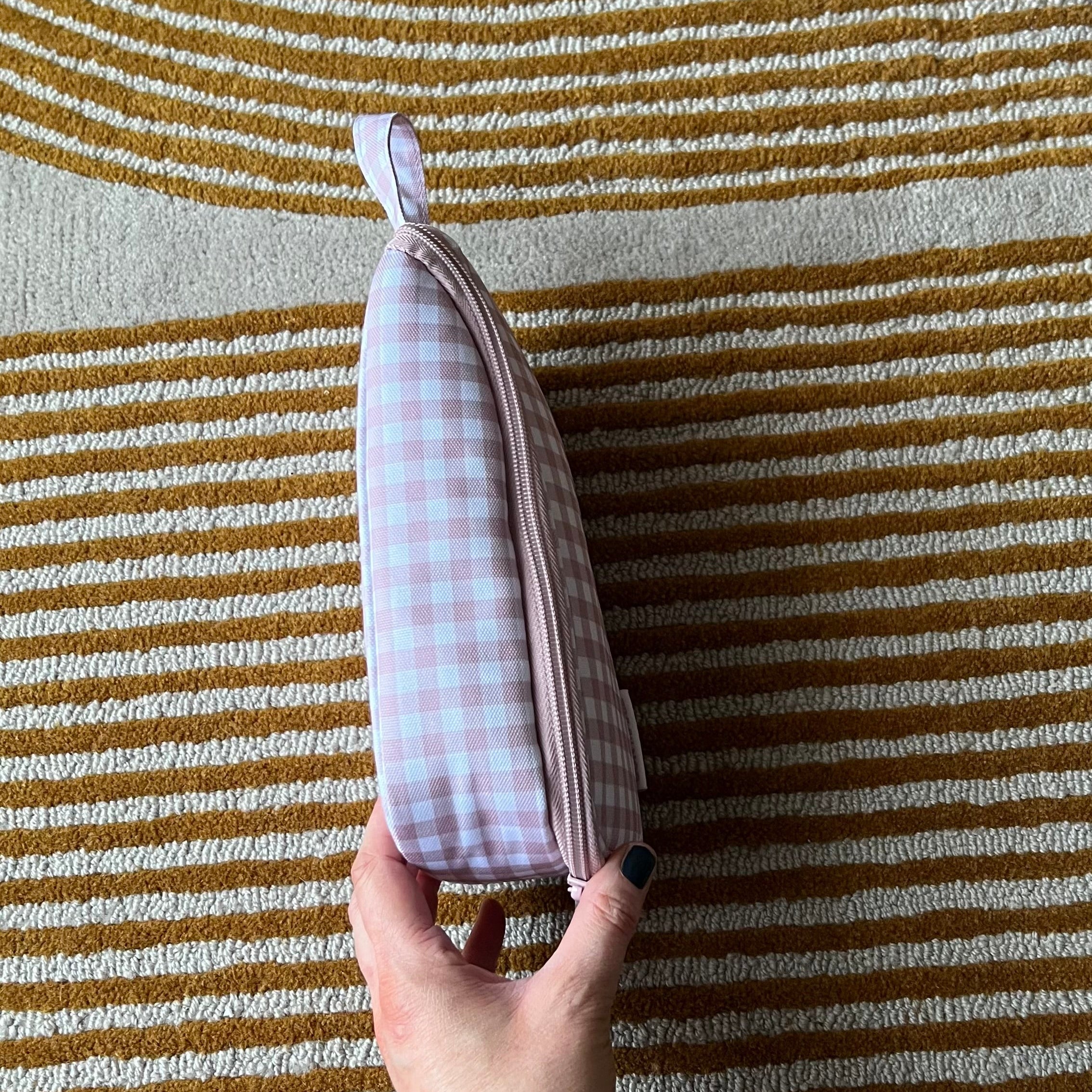 Everyday Slimline Toiletry Bag for Travel - Waterproof Cosmetic Organizer with Multiple Pockets, Milk Tea Gingham Pattern - Perfect for Gym, Vacation & Business Trips
