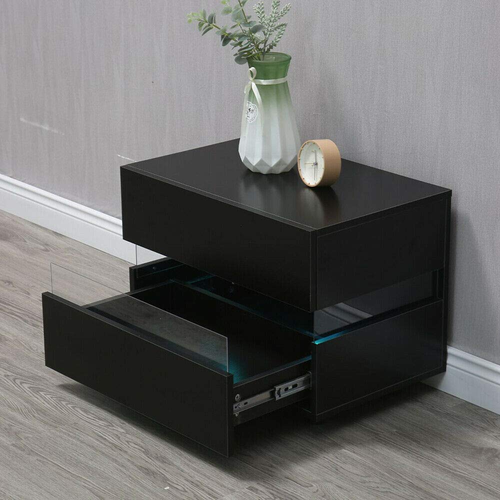 Modern White Nightstand with LED Lights & Remote Control - 2-Drawer Particle Board Bedside Table with Color Changing Lights for Bedroom, Living Room, or Office (Black)