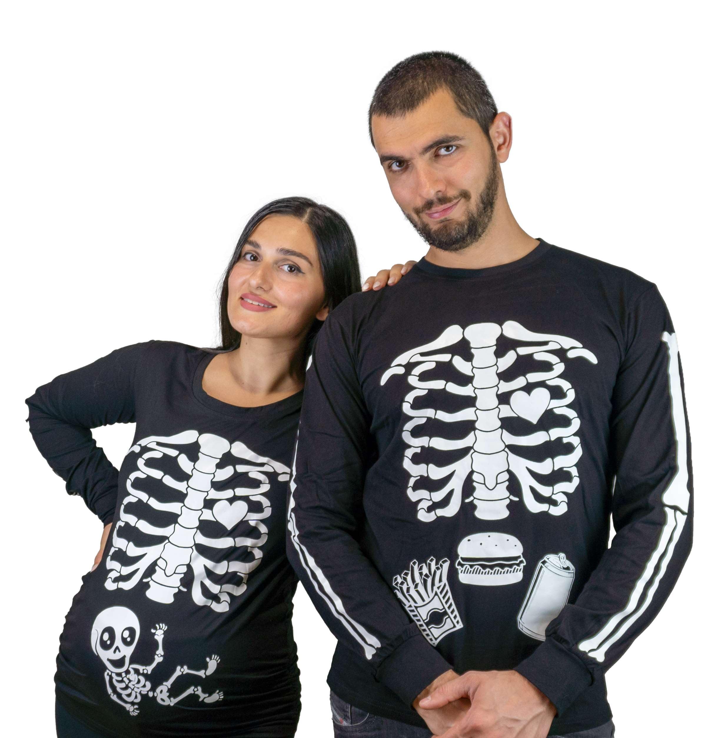 Halloween Couple Glow in The Dark Long Sleeve T-Shirts | Skeleton Ribcage & Burger Print Tees for Men & Maternity | Fun Matching Outfits for Couples, Parties & Halloween Events
