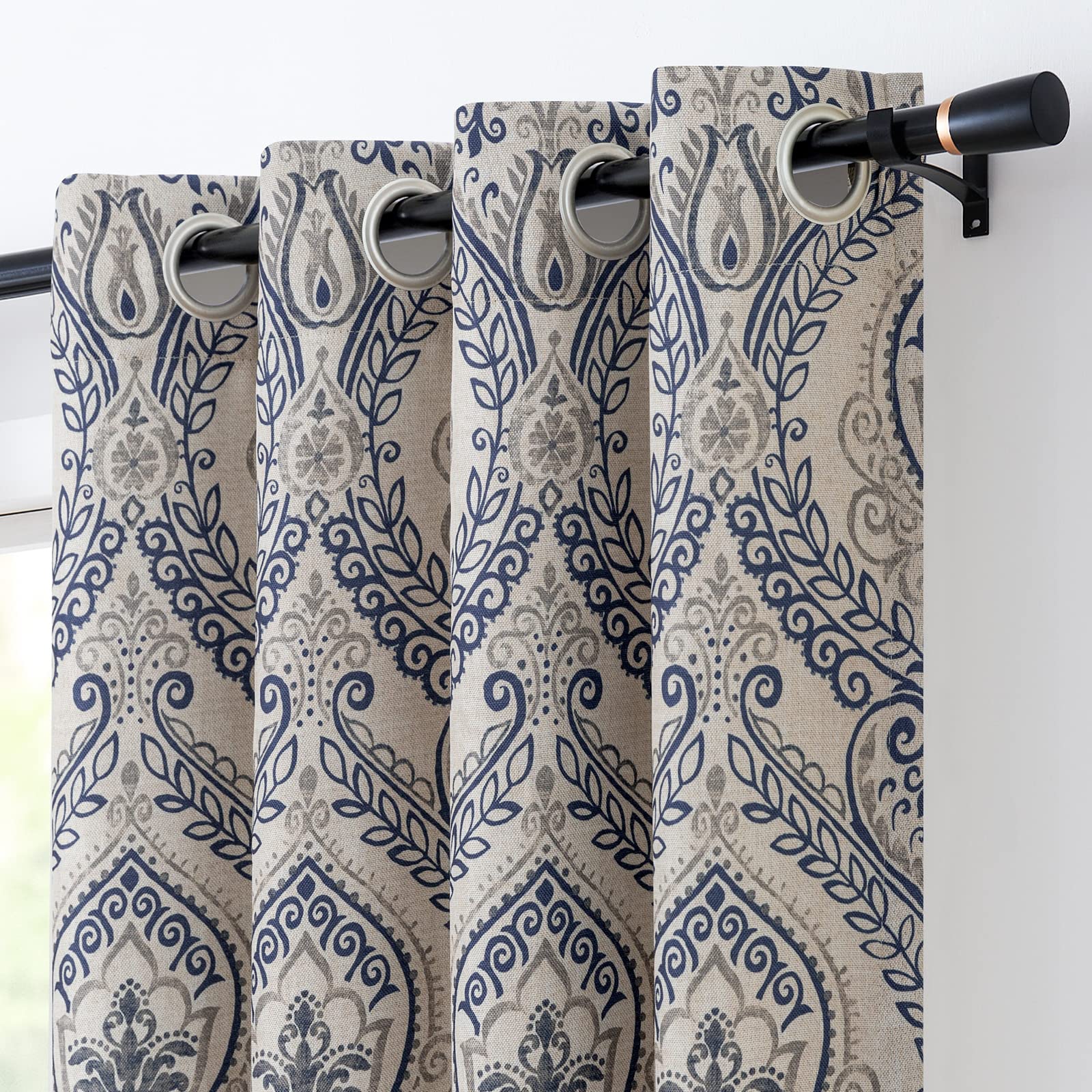 Vintage Blue Damask Curtains - Paisley Medallion Print Blackout Drapes for Bedroom & Living Room - 96 Inch Linen Textured Window Panels (2 Pack, Blue on Beige) - Perfect for Home Decor, Privacy & Light Control