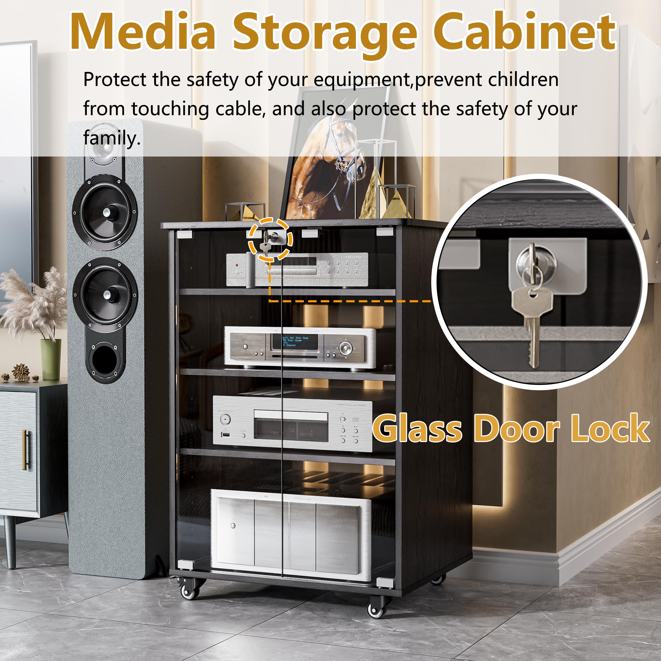 PAKASEPT Adjustable Height Media Storage Cabinet with 4 Shelves & Lockable Glass Doors - Modern AV Stand for DVDs, Games & Electronics - Perfect for Living Room, Home Theater & Office Organization