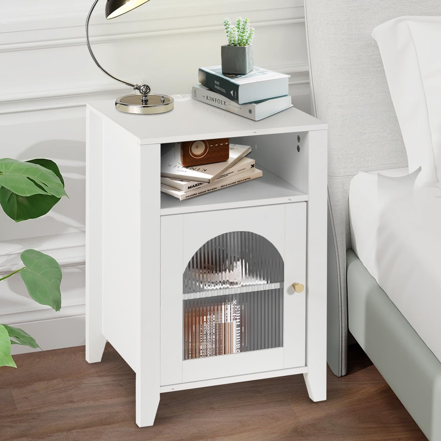 ENSTVER 3-Piece Wooden Bedroom Set - White Dresser with 4 Drawers & Nightstands with Glass Doors for Bedroom Storage & Organization | Perfect for Master Bedroom, Guest Room, or Apartment Decor