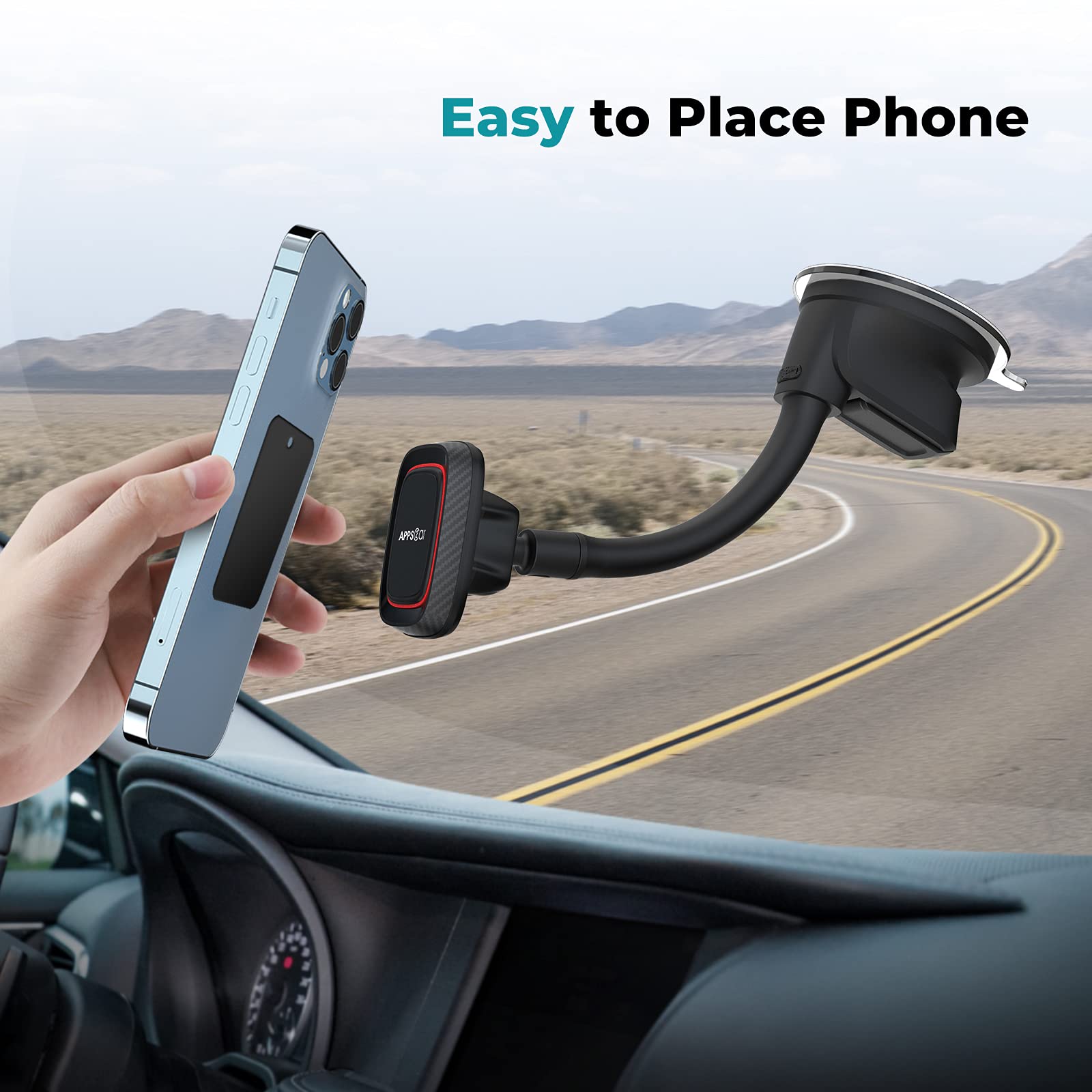 APPS2Car Magnetic Phone Holder for Car - Dashboard & Windshield Mount with Strong Magnets & Flexible Arm | Universal Smartphone Car Mount for iPhone, Samsung, Google Pixel | Perfect for GPS Navigation, Hands-Free Calling & Road Trips