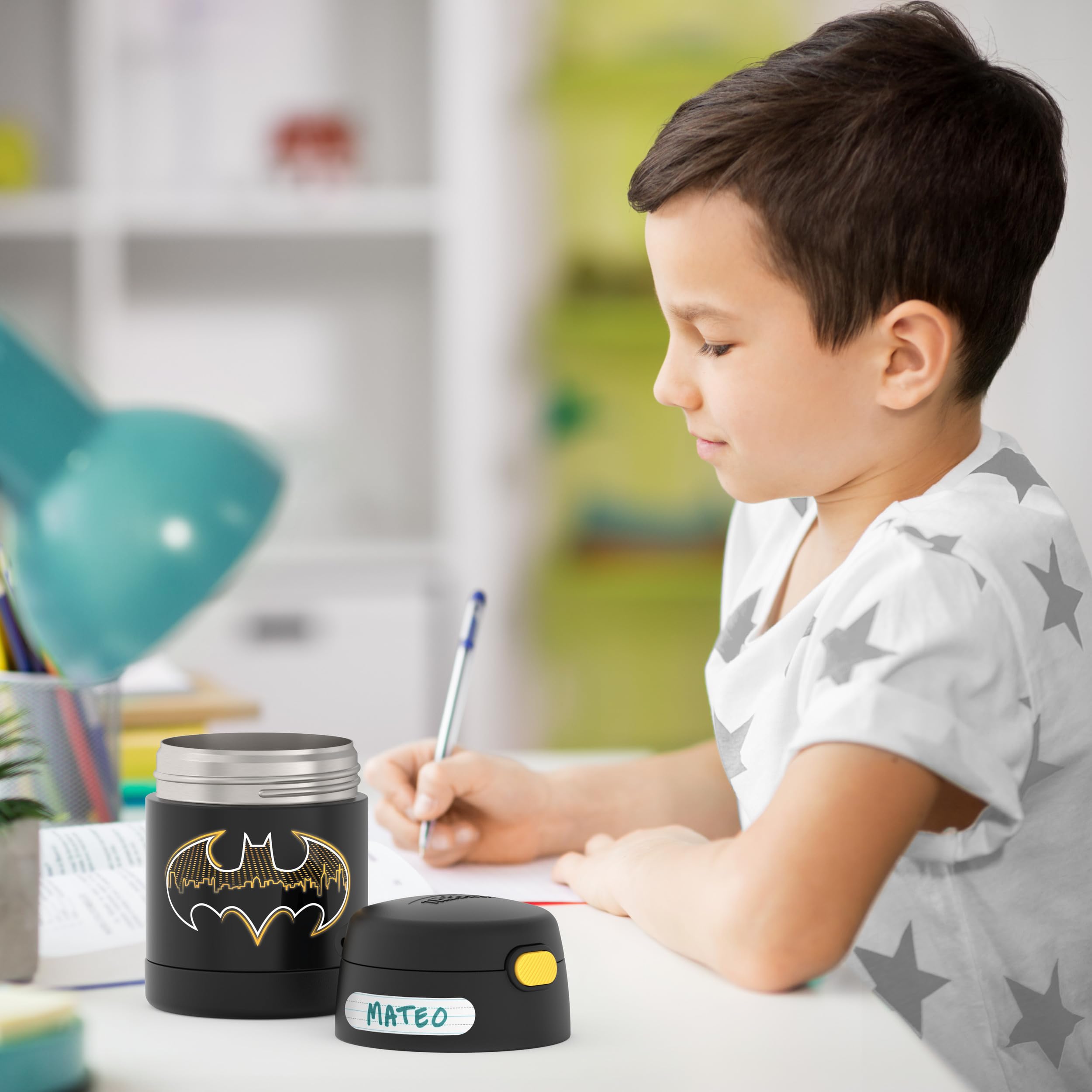 Thermos Funtainer 10oz Insulated Food Jar for Kids - Leak Proof Stainless Steel Lunch Container with Foldable Spoon, Batman Design - Perfect for School Lunches, Picnics & Outdoor Activities