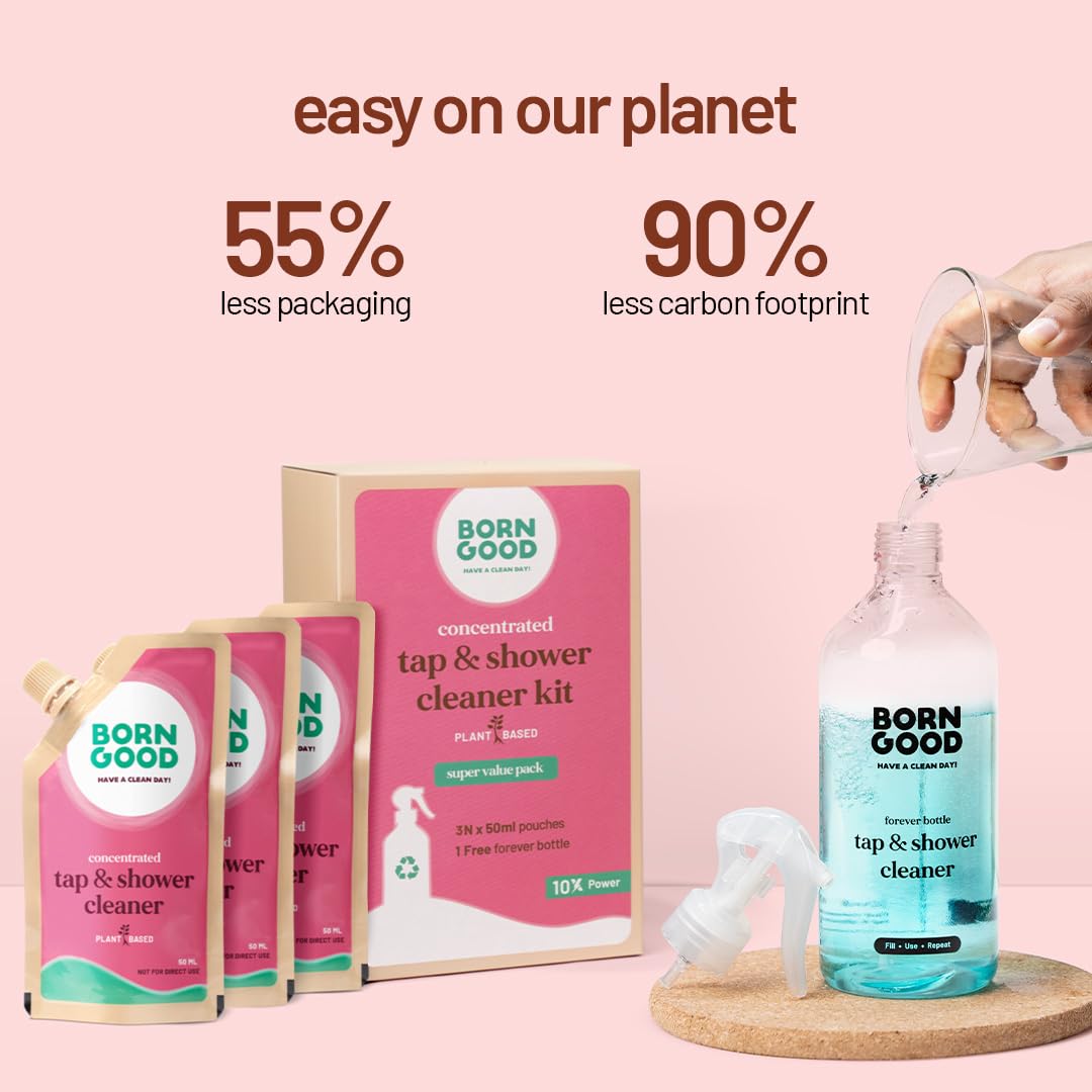 **Born Good Tap & Shower Cleaner Concentrate 2L Refill Pack – 1 Pouch (50ml) Makes 500ml | Non-Corrosive, Streak-Free Formula for Sparkling Taps & Faucets | Ideal for Bathroom, Kitchen & Glass Surfaces**