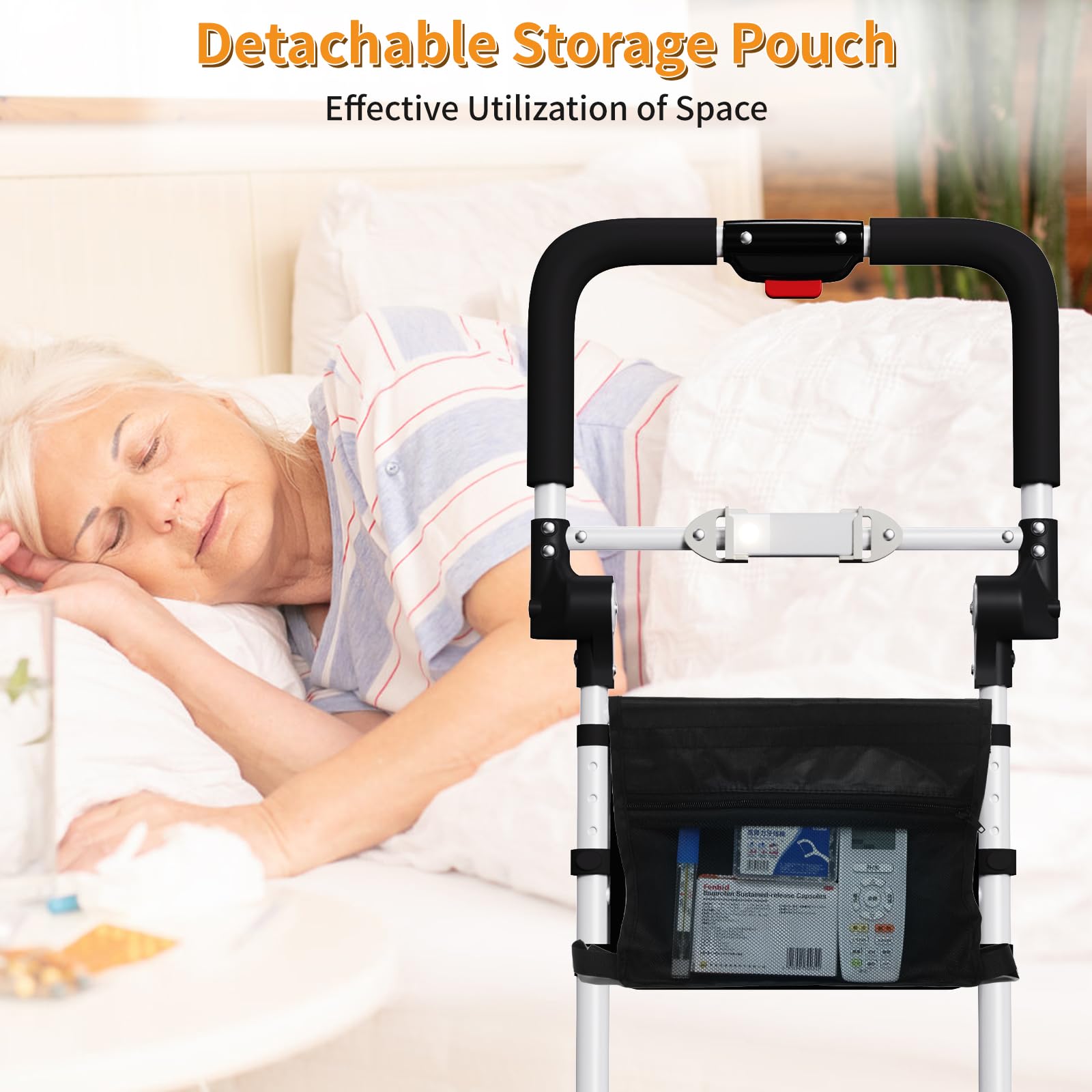 **Foldable Adjustable Bed Rails for Elderly Adults - Safety Bed Handrails with Light & Storage Bag - Fits Queen, Twin & King Beds - Ideal for Seniors, Home Care & Fall Prevention**