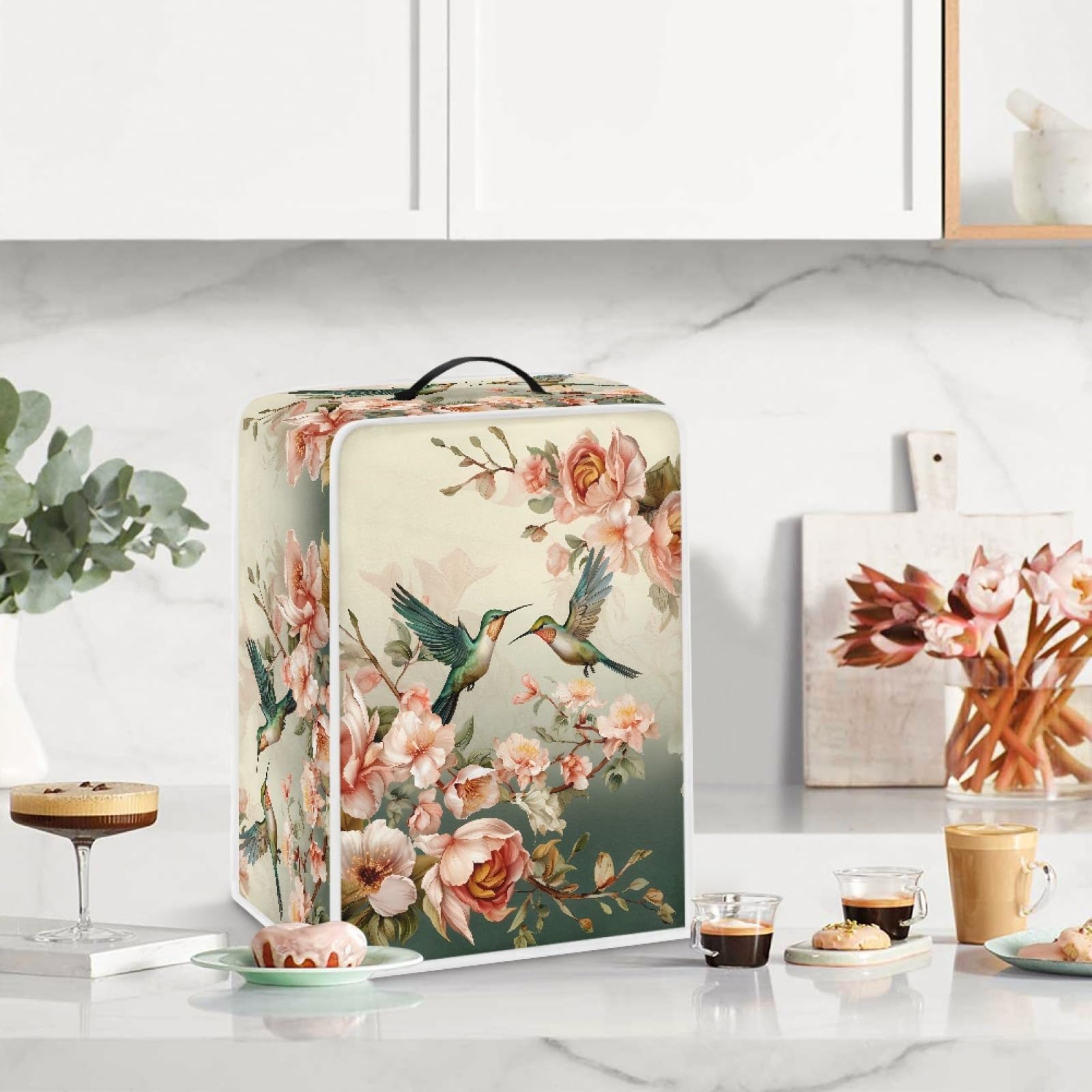 GLENLCWE Hummingbird Peony Waterproof Coffee Maker Cover - Dustproof & Washable Protective Cover for Keurig, Nespresso & Countertop Appliances | Foldable Kitchen Appliance Cover for Home & Office Use