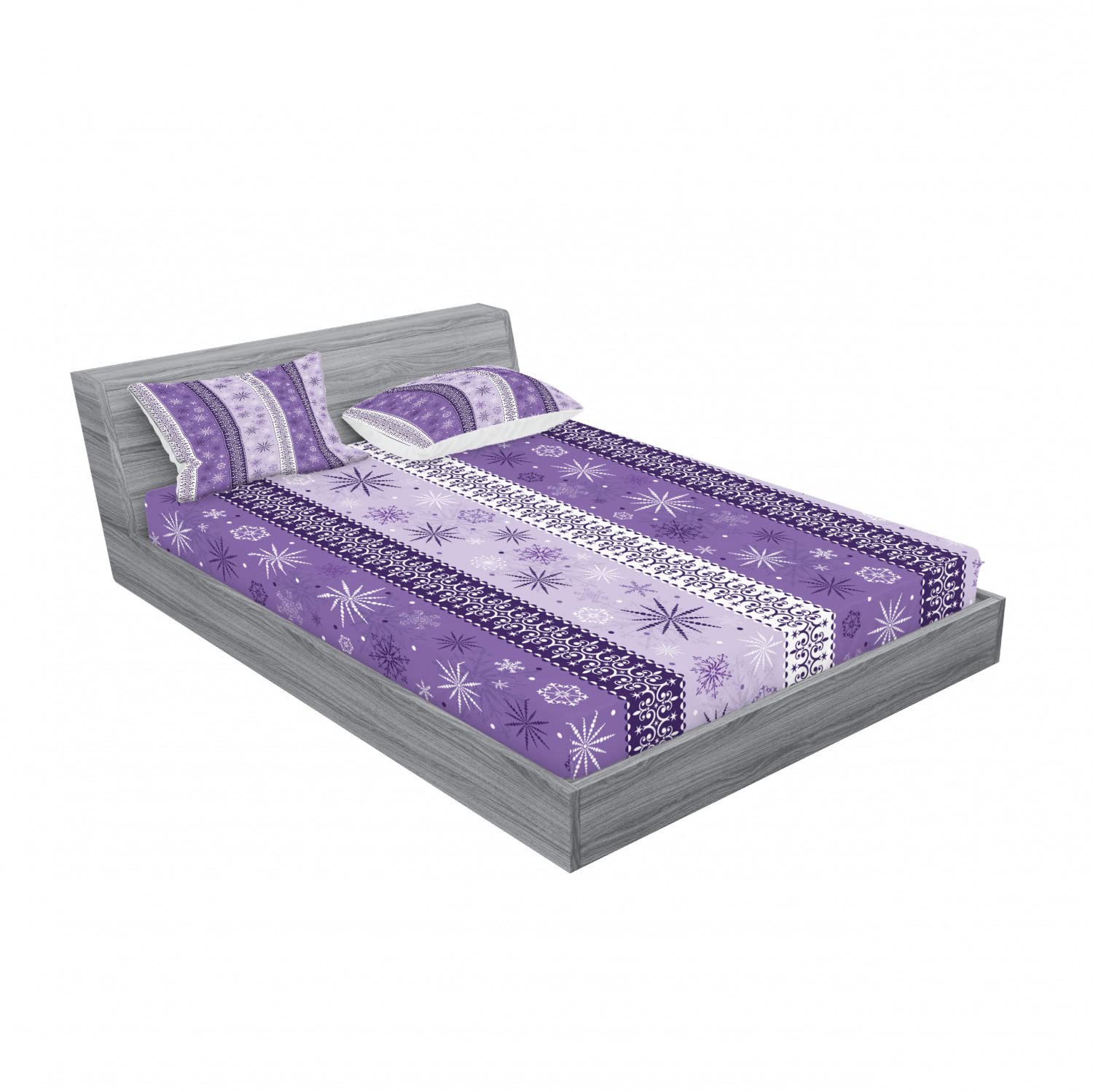 Ambesonne 2-Pack Christmas Snowflake Noel Fitted Sheet & Pillow Sham Set - Full Size Bedding Decor (4 Pcs) - Lavender Violet & White - Holiday Home Decor for Guest Rooms & Winter Themed Bedrooms