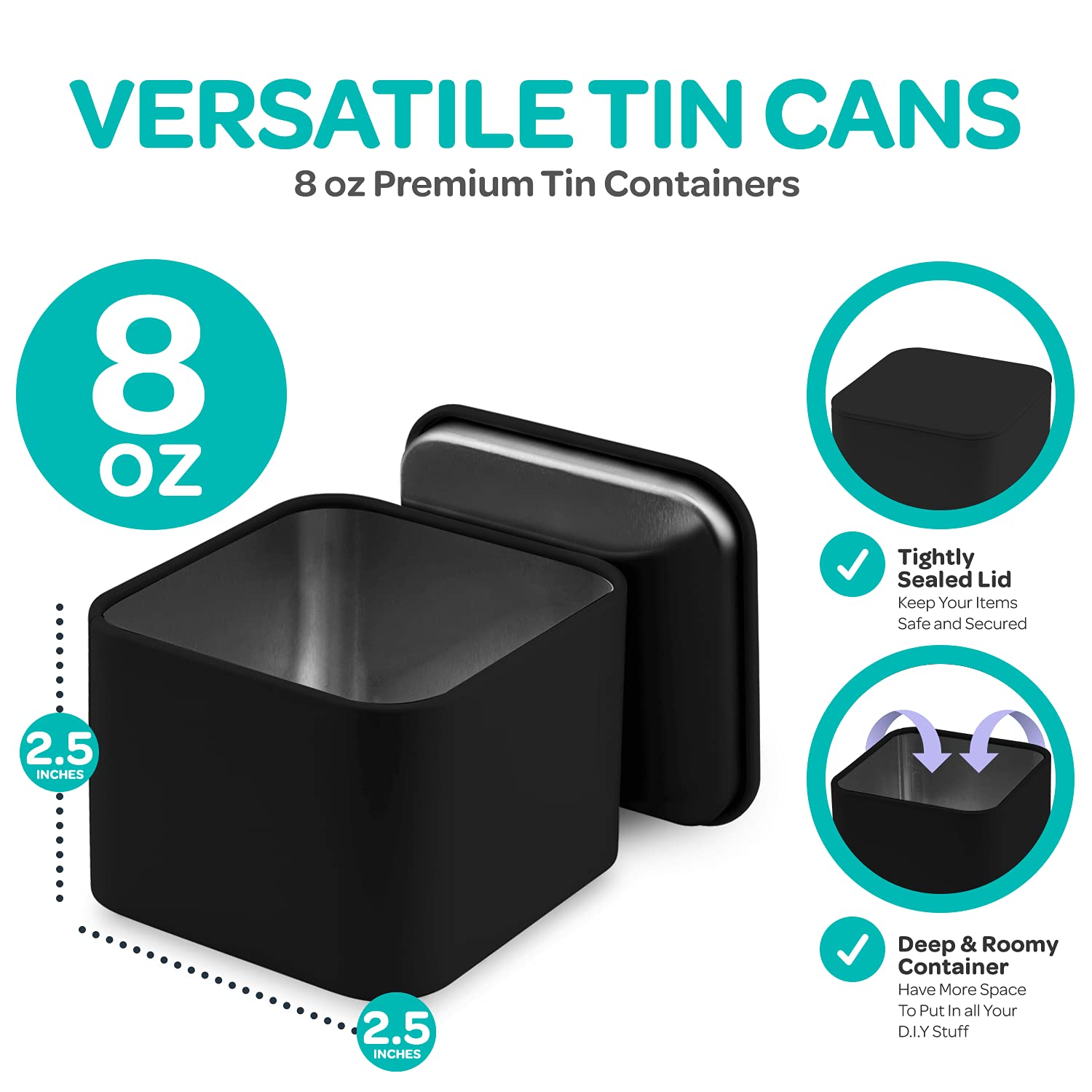 Hearts & Crafts 8 oz Matte Black Square Metal Candle Tins with Lids - Pack of 24 - Heat Resistant, Non-Rusting Empty Candle Jars for DIY Candle Making, Home Decor, Wedding Favors, Gift Packaging & Storage - Perfect for Aromatherapy, Party Decorations & Craft Projects