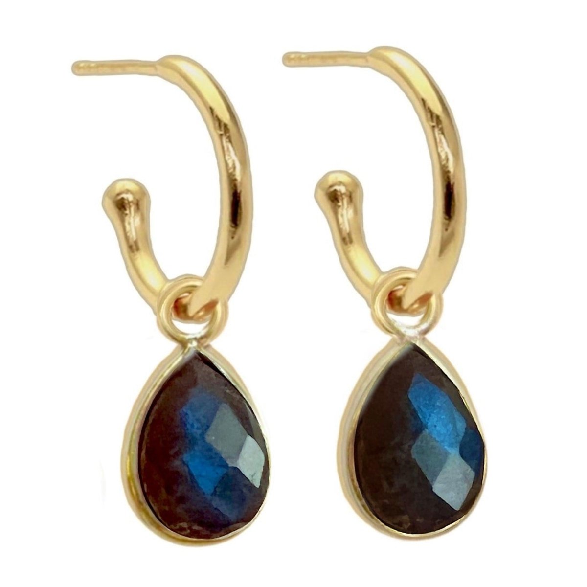 Laihas Mini 'Bell' Raindrop Gold Labradorite Hoop Earrings - Elegant Dangle Earrings for Women, Hypoallergenic 925 Sterling Silver Jewelry - Perfect for Parties, Weddings & Everyday Wear
