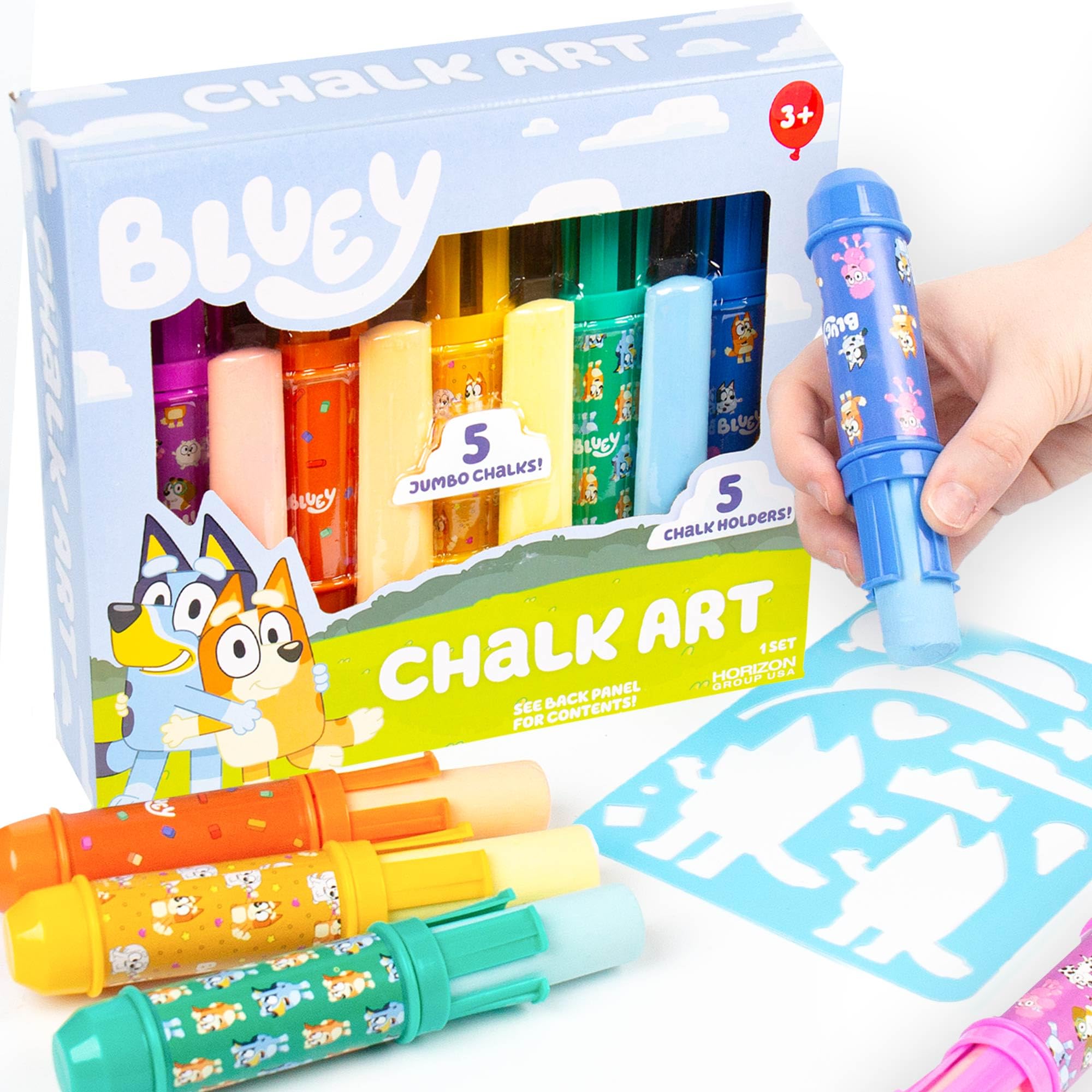 Official Bluey Chalk Art Set - 5-Pack Vibrant Sidewalk Chalk for Kids with Chalk Holders & Reusable Stencil | Outdoor Drawing Toys for Toddlers Ages 1-3 | Perfect for Bluey Birthday Parties, Summer Play & Creative Sidewalk Art