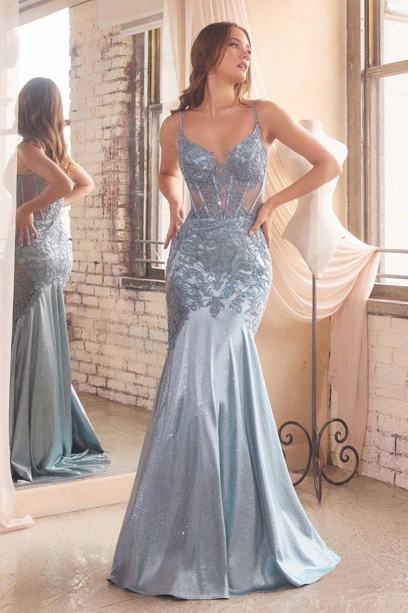 Elegant Dusty Blue Glitter & Lace Fitted Mermaid Gown for Women - Perfect for Prom, Evening Gala, and Special Occasions
