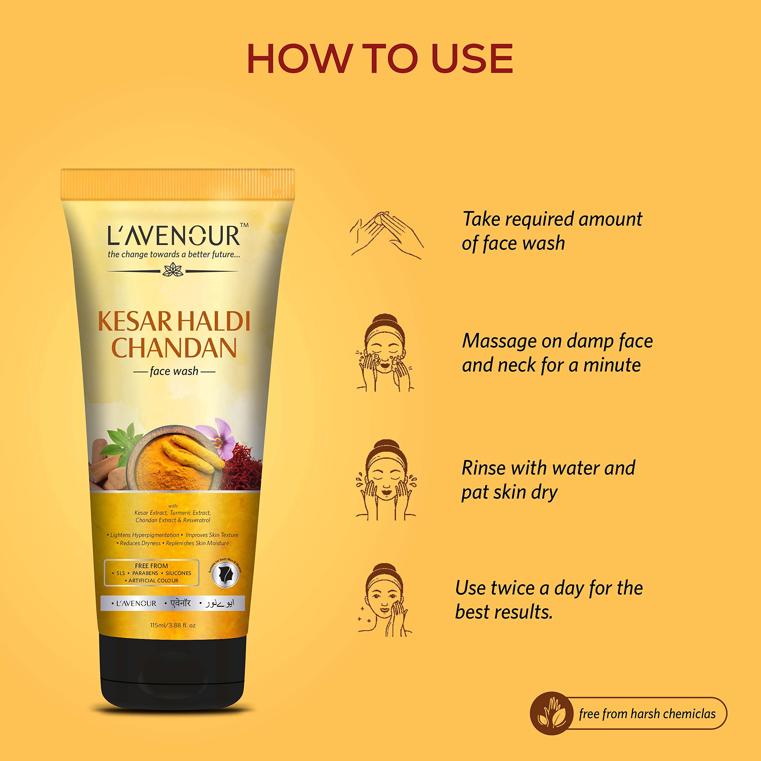 L'avenour Kesar Haldi Chandan Natural Ubtan Face Wash for Men & Women - Brightens Skin, Reduces Hyperpigmentation & Dryness | 115ml (3 Pack) | Perfect for Daily Skincare Routine & Glowing Complexion