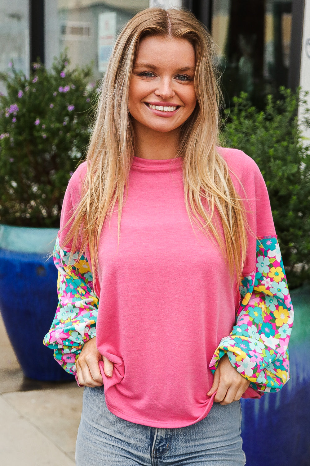 Pink & Floral Bubble Sleeve French Terry Pullover Sweatshirt for Women - Cozy Oversized Loungewear for Casual Outings & Coffee Dates