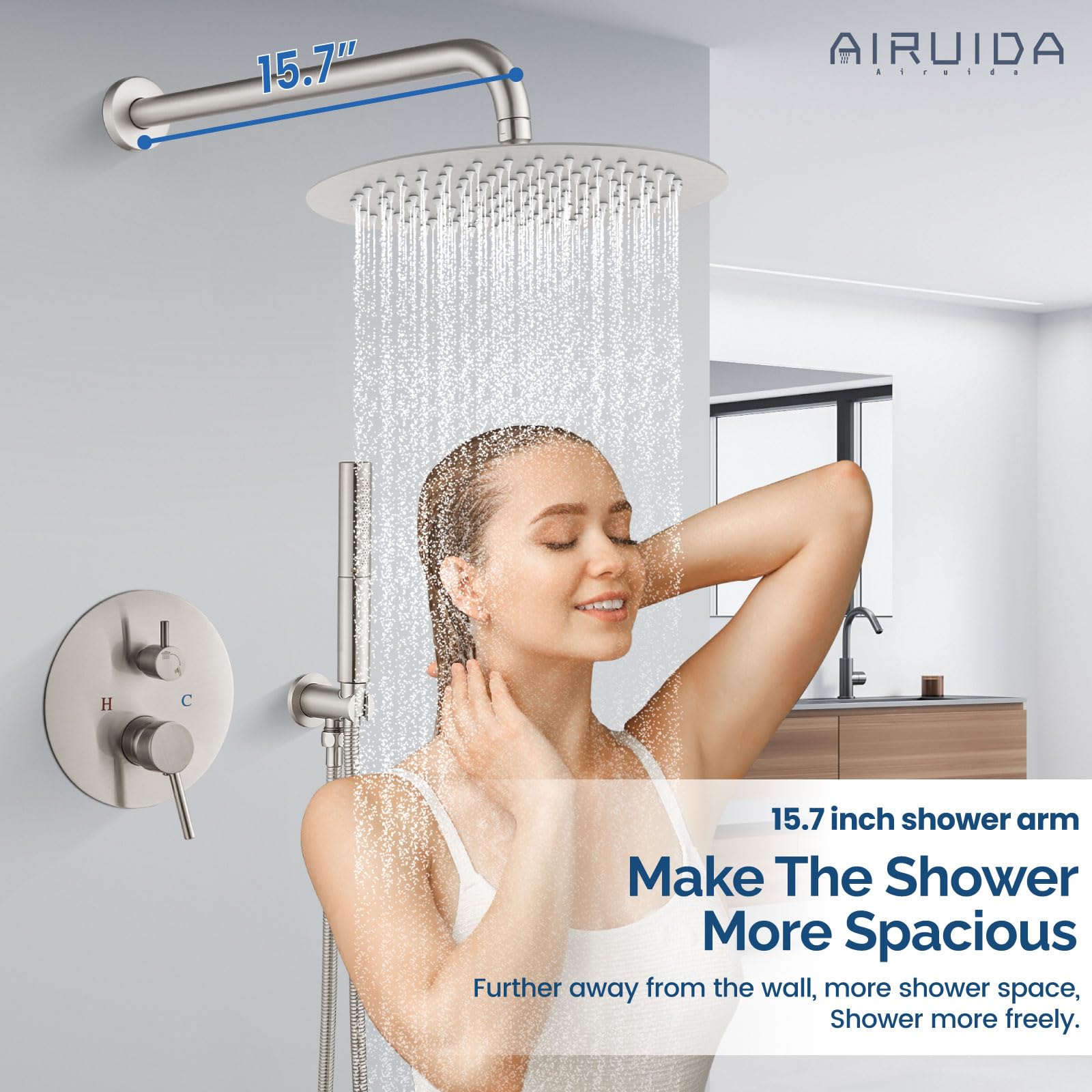 Airuida 2-Function Wall Mounted Shower Faucet Set - High Pressure Brass Handheld Shower with Rough-in Valve & 10 Inch Rainfall Shower Head in Brushed Nickel for Bathroom | Perfect for Spa-Like Experience and Water-Saving Showers