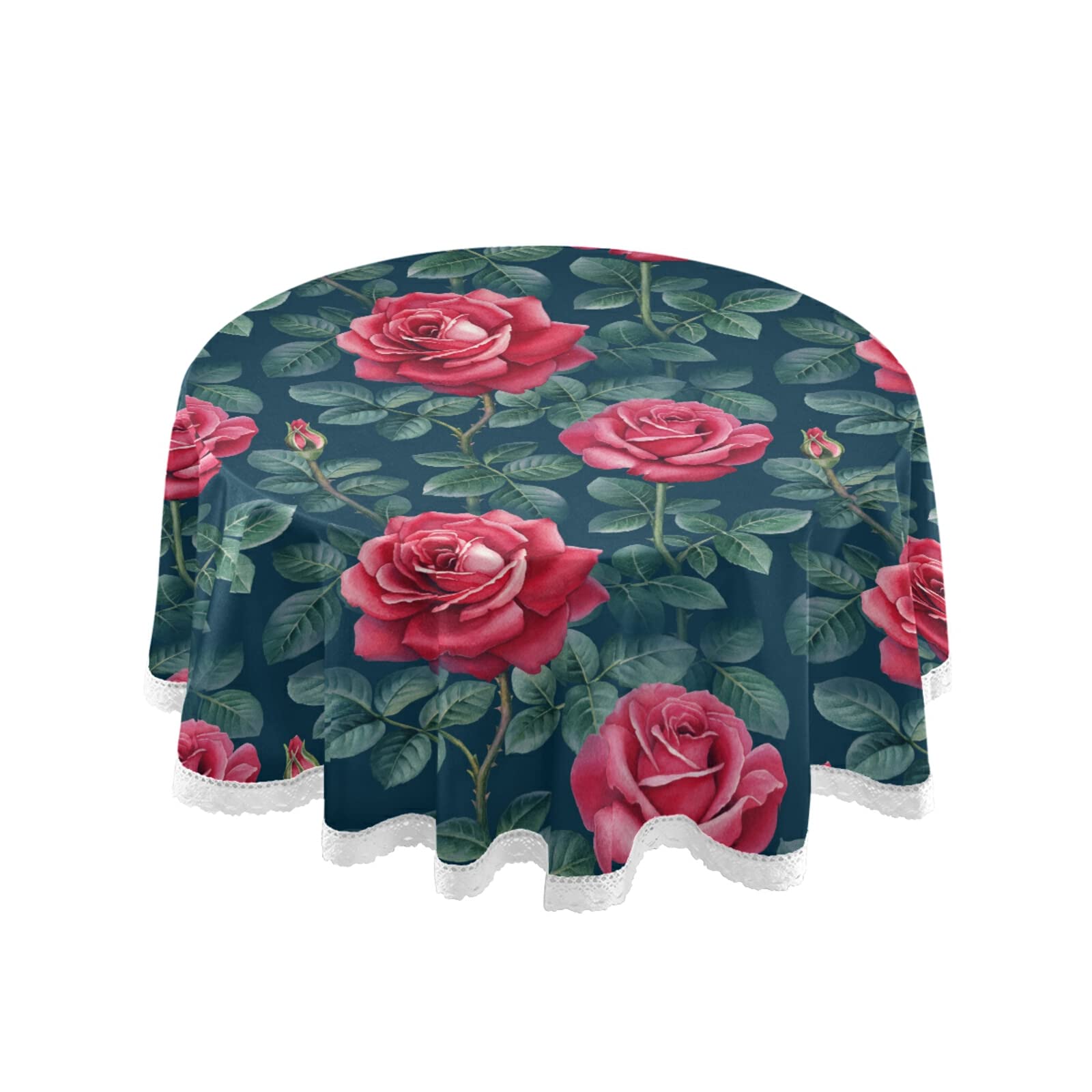Vintage Floral Red Rose Tablecloth 60x60 Inch - Elastic Round Table Cover for Dining, Kitchen, Parties - Wrinkle-Resistant & Easy Care - Perfect for Weddings, Tea Parties & Home Decor