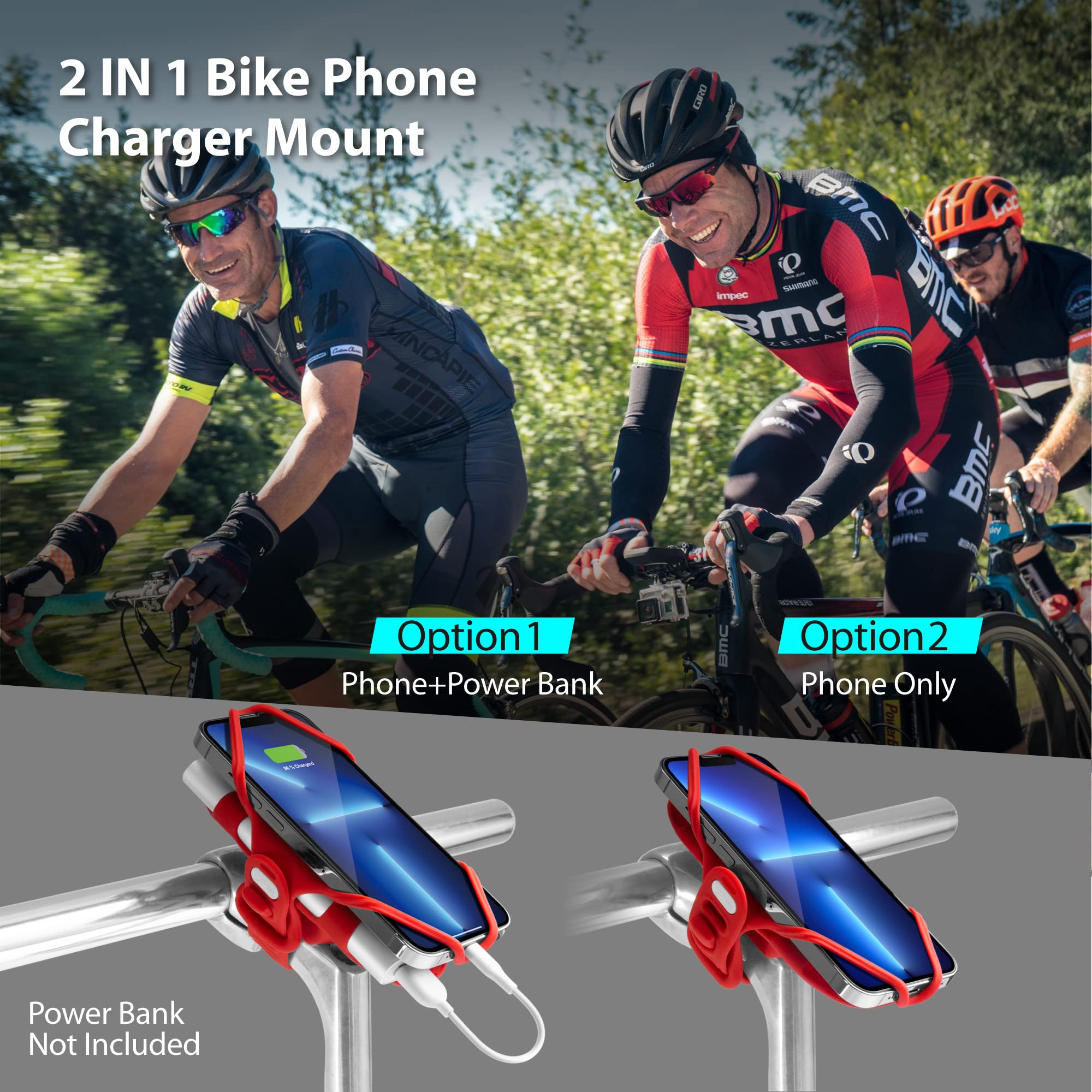 Bone Bike Tie Pro Pack 2 - Universal 2-in-1 Bike Phone Mount & Charger Holder for iPhone 13/12/11 Pro Max, Samsung S20/S21 - Fits 4.7