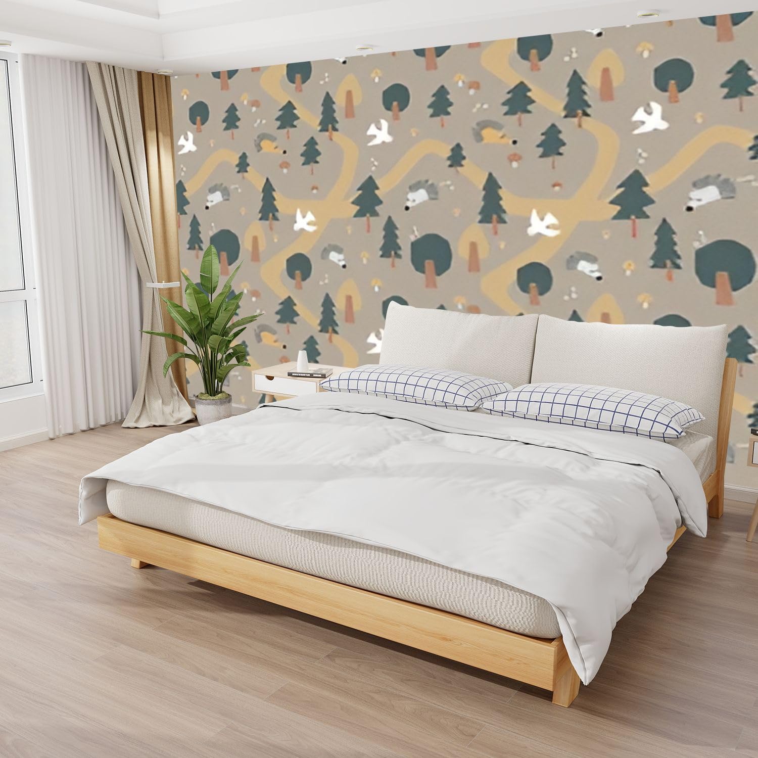 3D Modern Scandinavian Forest Animals Wall Mural - Peel and Stick Removable Self-Adhesive Wallpaper with Birds, Mushrooms & Hedgehogs for Living Room, Kids Bedroom Decor - Nursery, Playroom, Dorm Wall Stickers