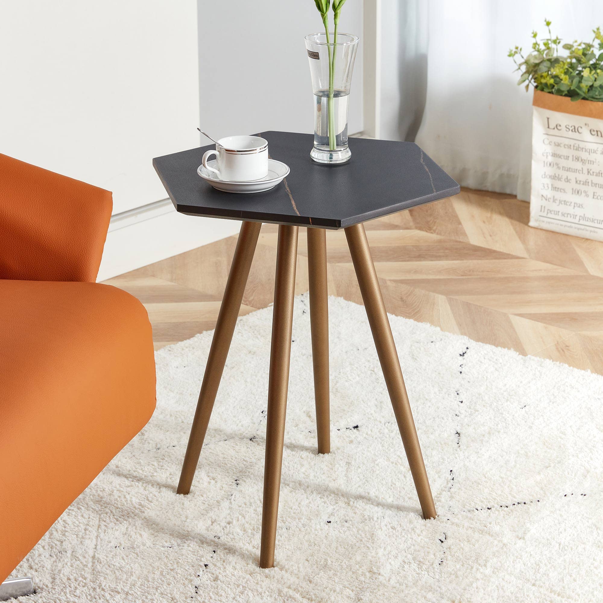 Hexagon Shaped Faux Marble End Table - Modern Side Table for Living Room, Bedroom & Office - Sturdy Coffee Table for Sofa, Couch with Minimalist Retro Design - Perfect for Laptop, Snacks & Drinks (Black)