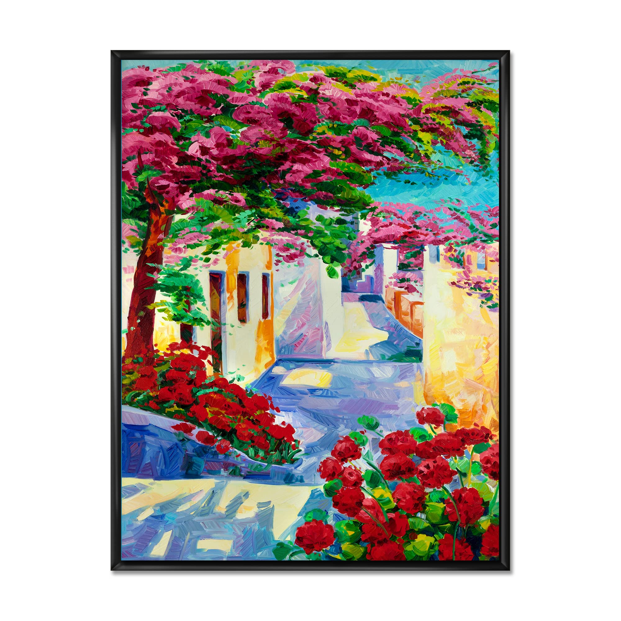 DesignQ Colorful Traditional Santorini Houses - Nautical & Coastal Framed Canvas Wall Art Print - Perfect for Beach House Decor, Mediterranean Style Living Room, Office & Bedroom Wall Decor
