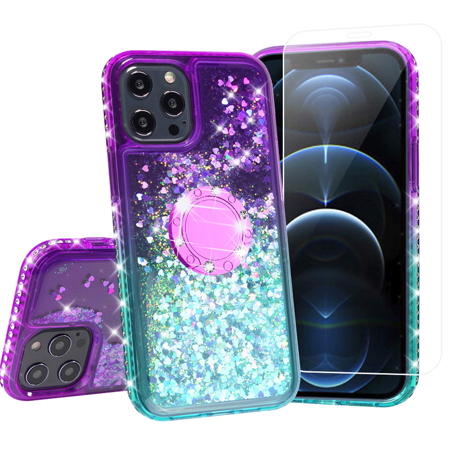 SOGA Rhinestone Liquid Quicksand Phone Case for iPhone 12 Pro Max - Sparkly Glitter Cover with Magnetic Ring Holder for Car Mount & Lanyard, Purple Teal Gradient - Perfect for Girls, Women, Fashion Accessories & Everyday Protection