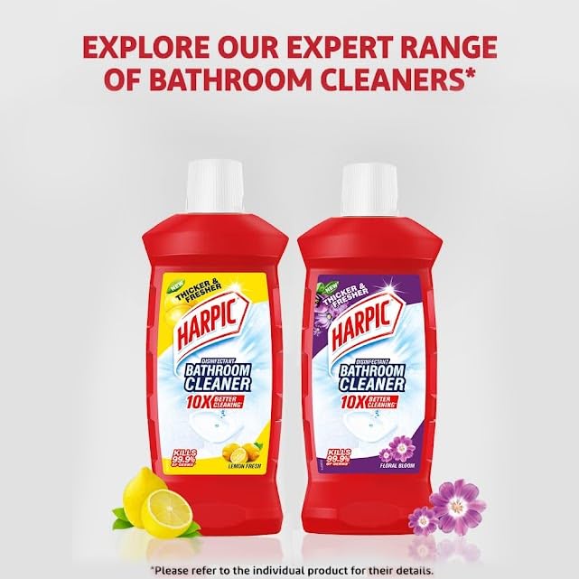 Harpic Lemon Bathroom Cleaner Liquid - 1 Litre (Pack of 2) | Thick Formula for Floors & Tiles | Powerful Toilet & Bathroom Cleaning | Fresh Lemon Scent for Sparkling Clean Home